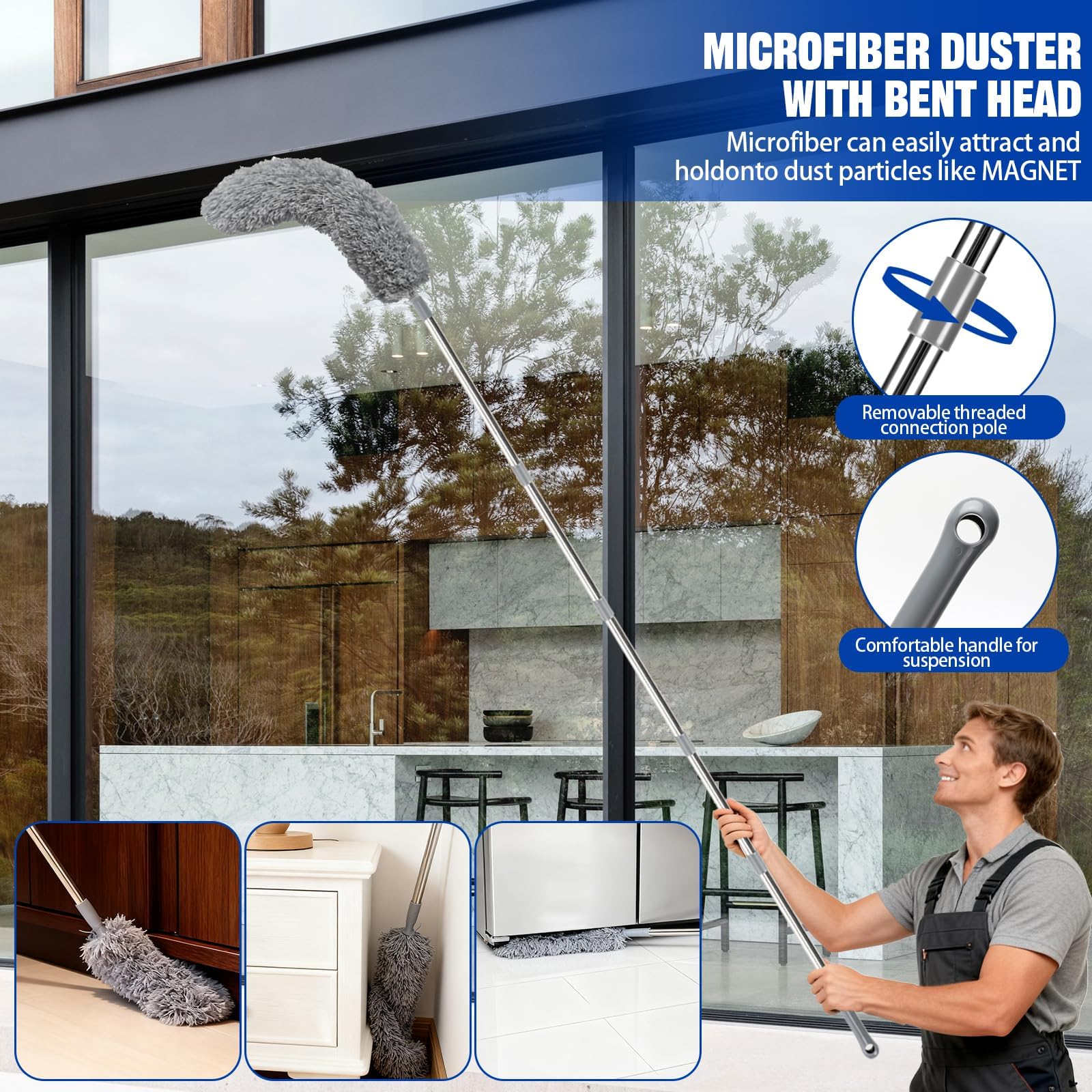 Set di spolverini da 6 m, Asta Telescopica Regolabile da 1,5 a 4,9 m, spolverino telescopico, togli ragnatele allungabile, Scopa Polvere Pulizia Ventilatori Soffitto, Tapparelle, Ragnatela