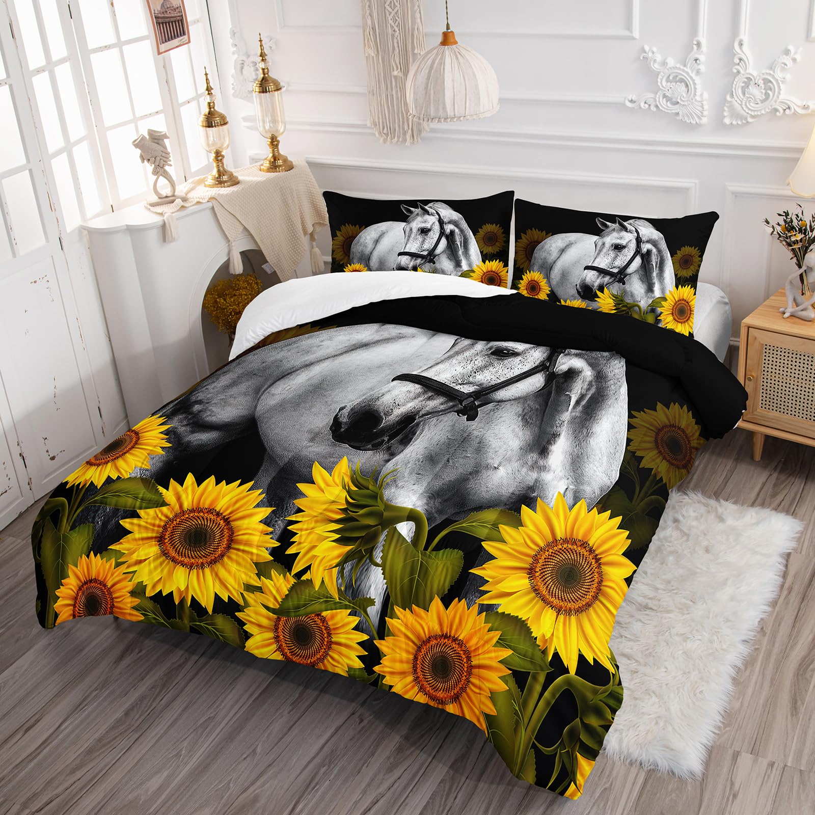 Axolotl Juego de ropa de cama de caballo, juego de edredón de girasol, juego de ropa de cama floral campestre, edredón de caballo galopante, juego de ropa de cama de girasol para niños, niñas,
