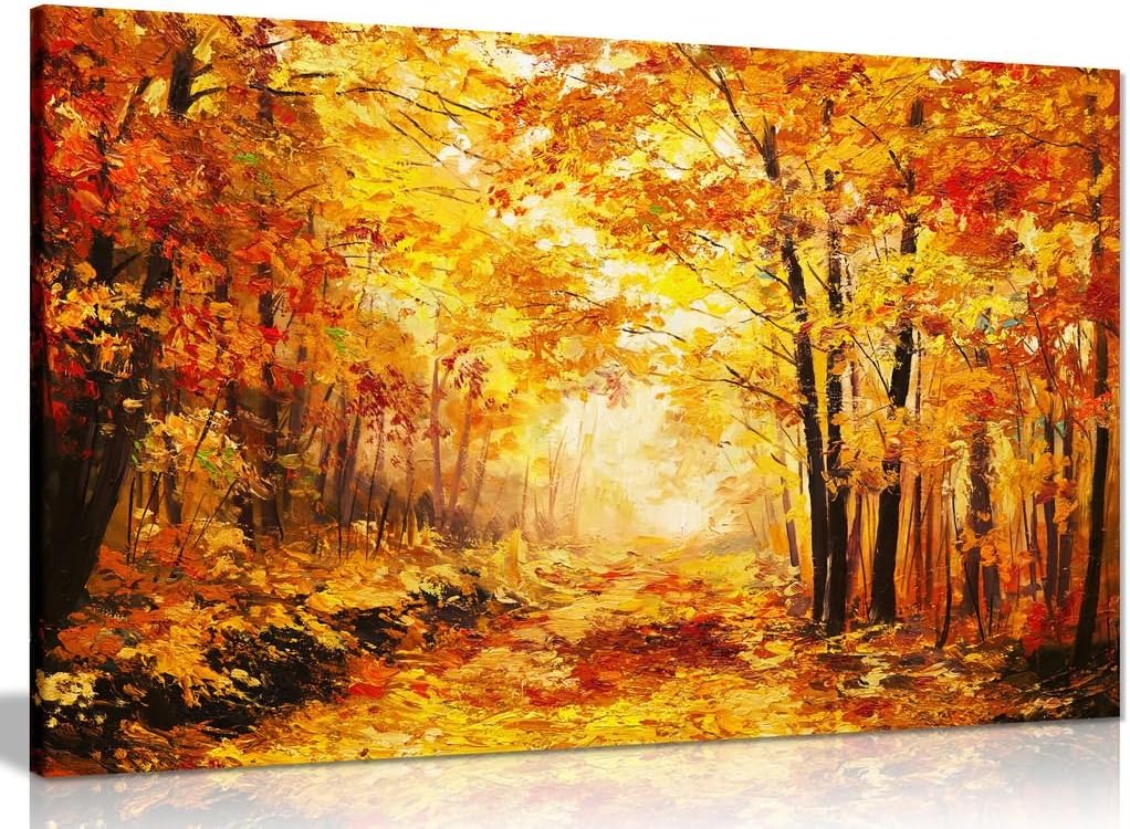 Autumn Forest Large Canvas Wall Art, Framed Ready to Hang, 36x24in Print | Colourful Orange Yellow Landscape Painting for Living Room Bedroom, Solid Pine Frame, UV-Resistant Inks by Panther Print