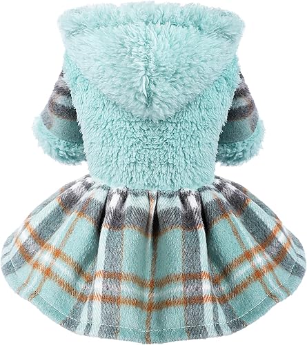 Miniatura 6 de Vestido de invierno para perro, lindo suéter de forro polar cálido con capucha para perros pequeños, vestidos de cachorro a cuadros rosados, ropa