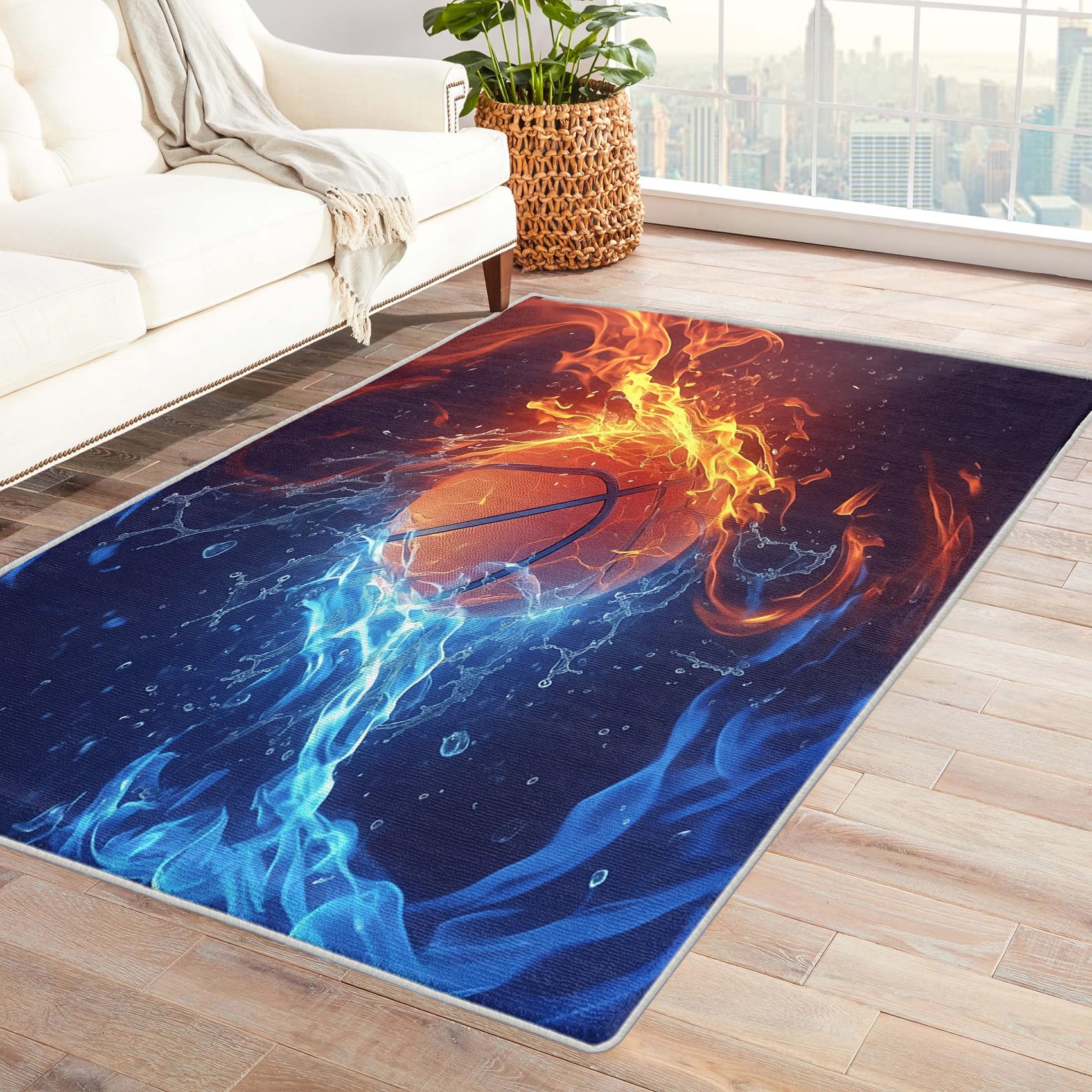 Basketball Decor - Flame Basketball Rug, Boys Men Sport Rugs for Living Room Bedroom, Washable Non Slip Soft Small Carpet, Patterned Area Rugs & Home Decor 40x60 cm