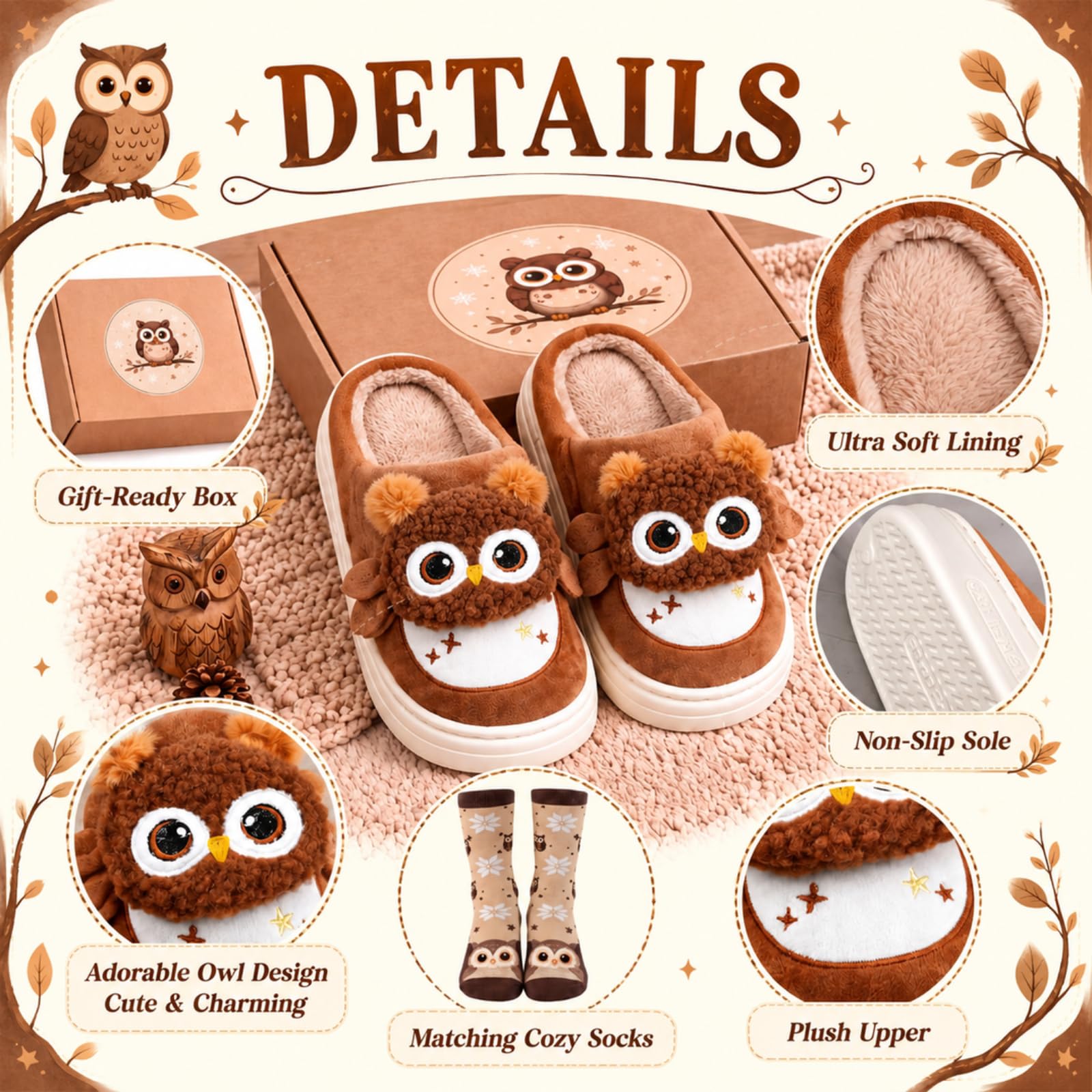 BBTO Set de Chaussons Chaussettes Hibou Idée Cadeau Femme Noël Soirée Pyjama Hiver Chaussons Chauds Antidérapants Doux Confortables pour Intérieur Extérieur(38-39)