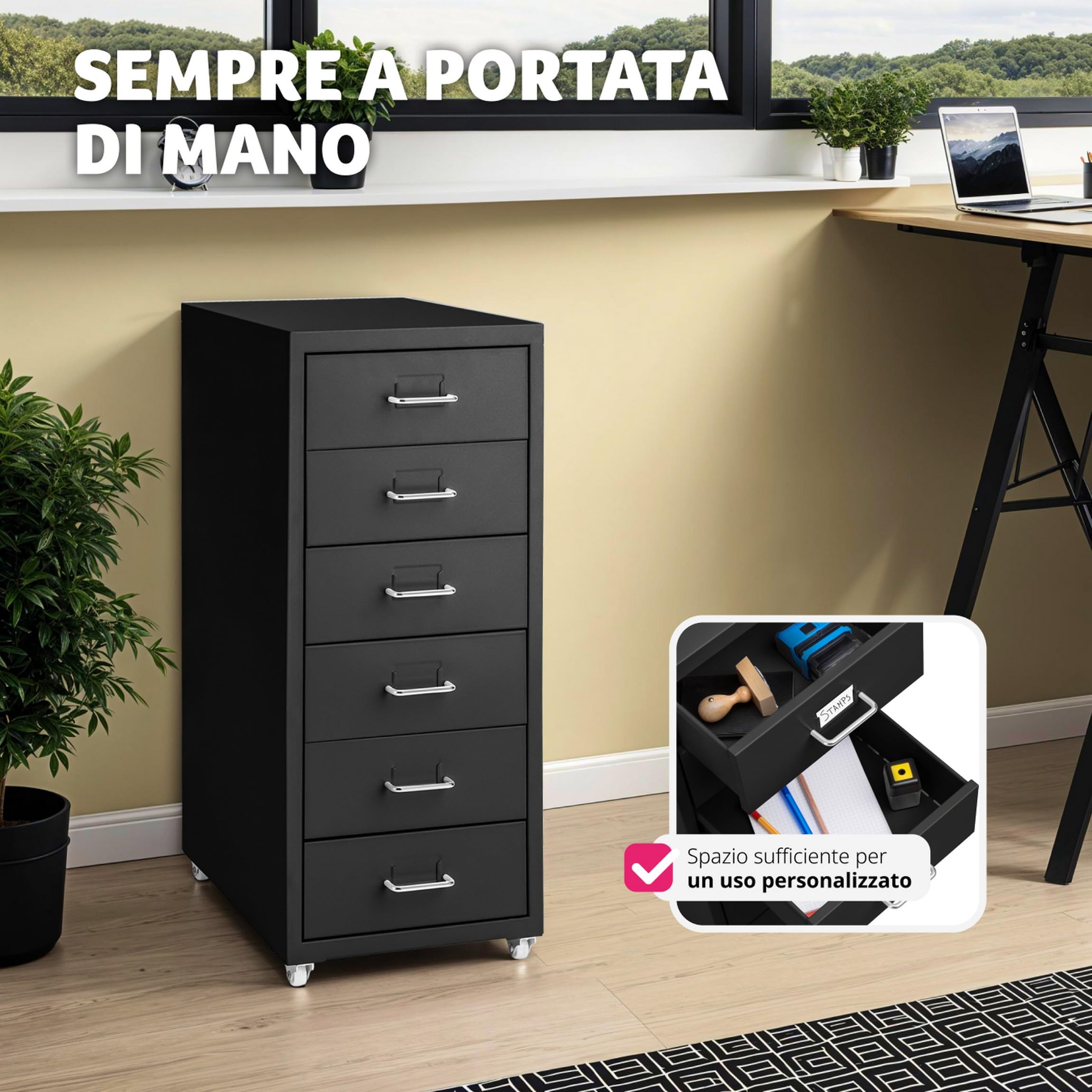 tectake® Cassettiera A Rotelle In Metallo, Schedario Uffici, Mobiletto Ufficio 6 Cassetti, Raccoglitore Documenti, Cassettiera Ufficio Porta Documenti in Acciaio 41 X 28 X 69 cm - Nero