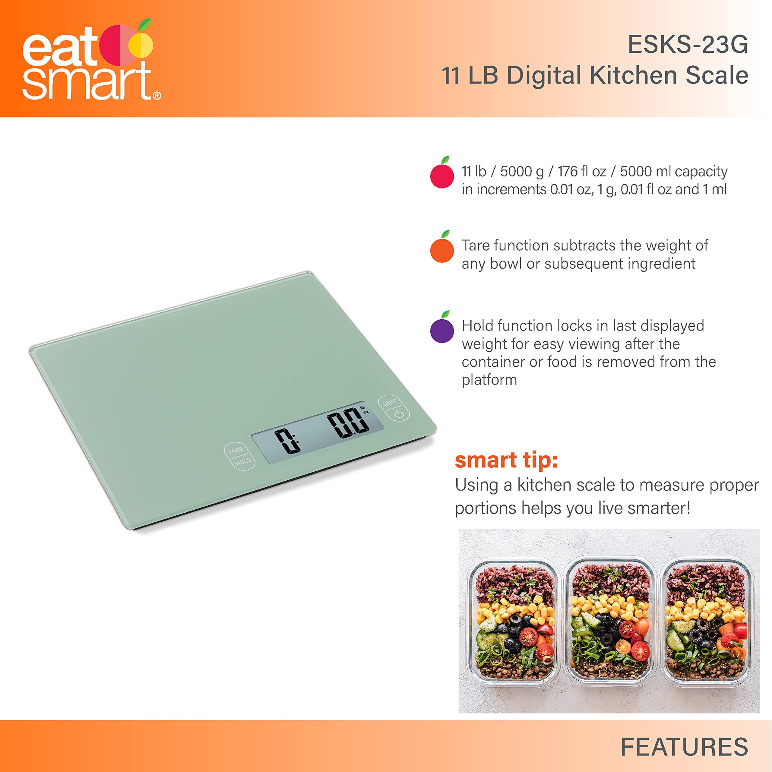 Eat Smart Eat Smart Küchenwaage aus Glas, 5 kg, Grün