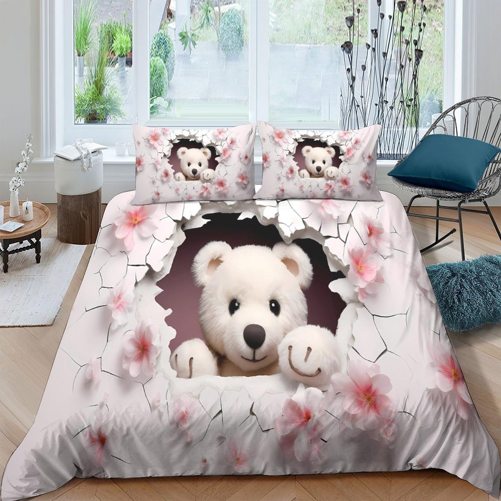 Ctjqhvkz Style-1 3D Printed Cute Teddy Bear Fitted Sheet Microfiber Soft Floral Blossom Mattress Cover Bedroom Decor Machine Washable Single（135X200cm）