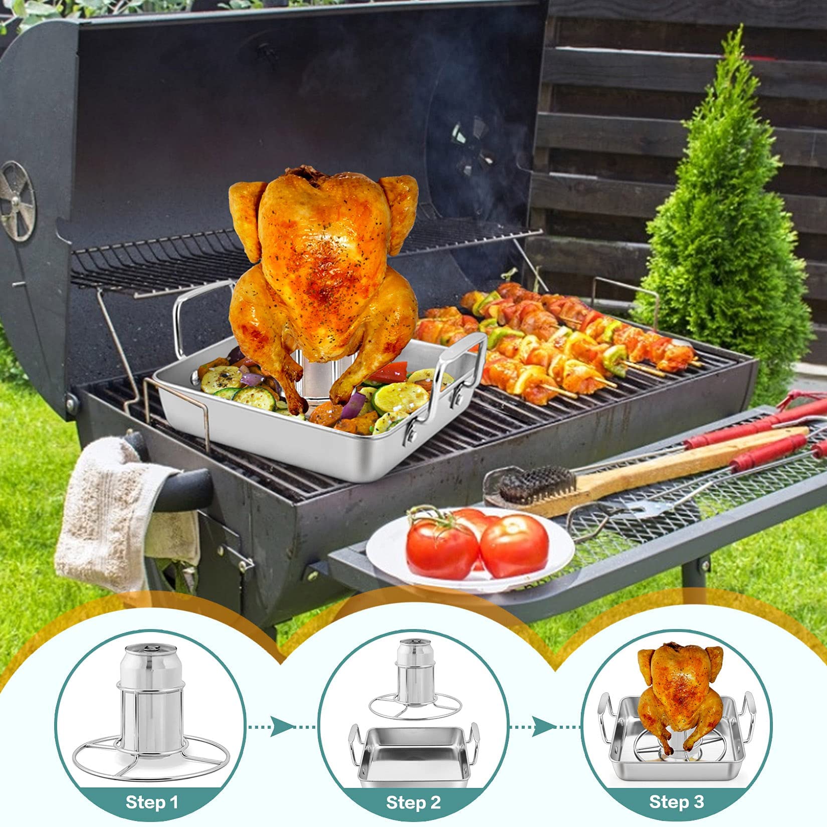 P&P Chef Soporte de pollo para asar cerveza (2 sartenes y 2 estantes), bandeja para asar de pollo de acero inoxidable con estante vertical para asar a la parrilla, resistente y apta para