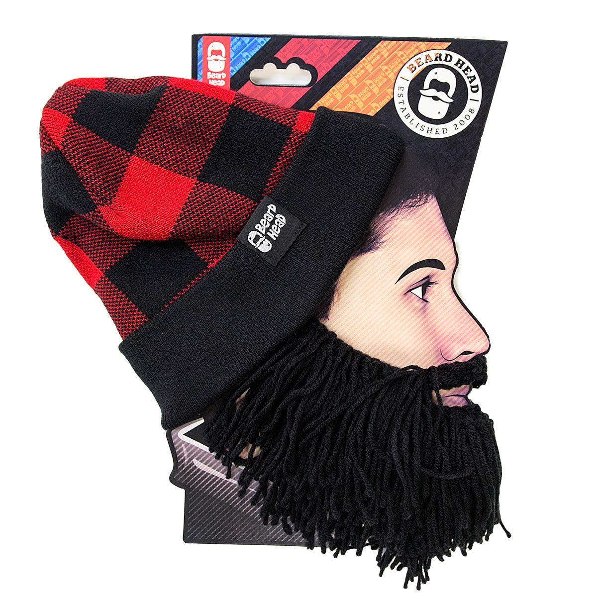 Beard Head Lumberjack Plaid Beanie - Original Handmade Knit Hat and Removable Black Beard