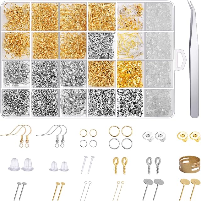 2682PCS Earring Making Supplies, Kalolary Jewelry Making Kit with Hypoallergenic Earring Hooks, Earring Backs, Jump Rings, Eye Pin, Earring Post, Tweezer for Earring Making & Repairing (Silver & Gold)