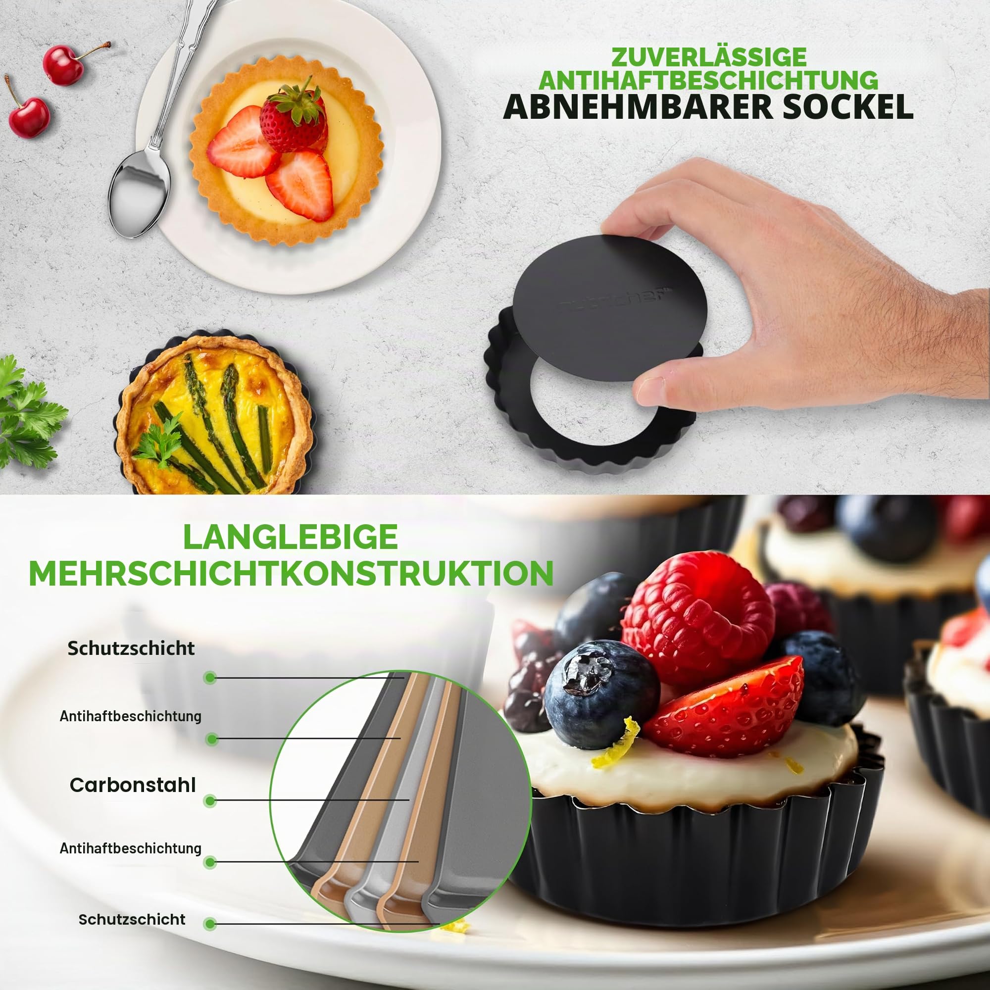 Nutrichef Tarteform Set – 10 Mini Tartelette Förmchen Ø10 cm mit Hebeboden aus Carbonstahl Antihaft Backform Rund, Inkl. 200 Backpapier Rund, Quicheform Spülmaschinen und Ofenfest