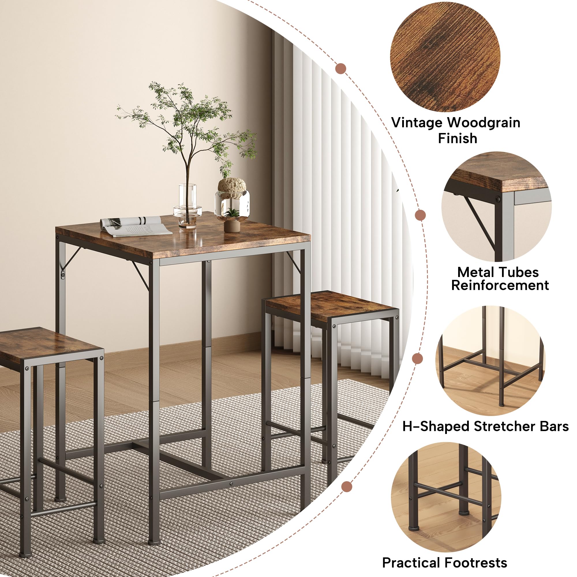 Juego de mesa y sillas de bar, mesa de bar cuadrada con 2 taburetes, juego de comedor que ahorra espacio para 2, perfecto para cocina, rincón de desayuno, sala de estar y espacios pequeños 7