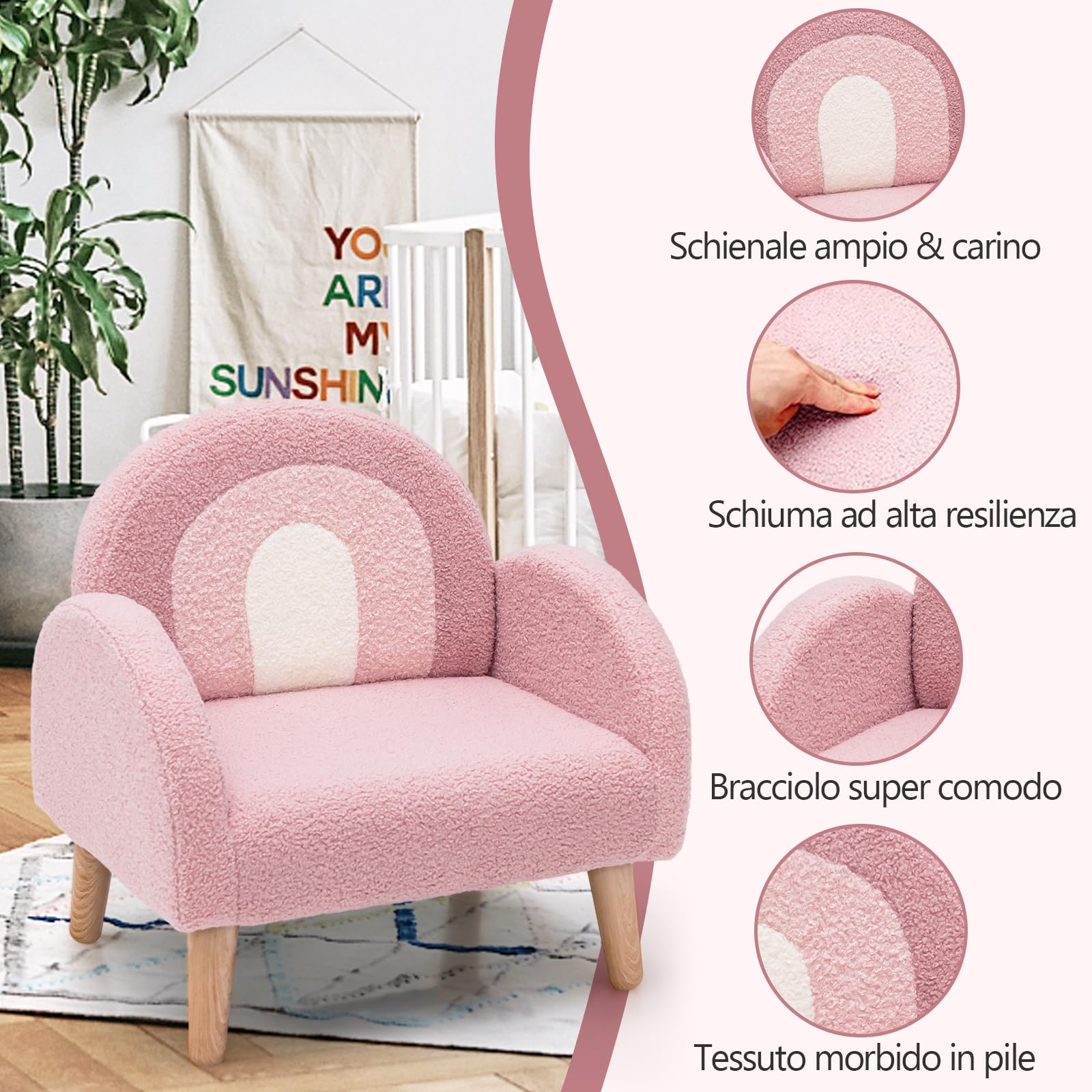 COSTWAY Divano Sedia per Bambini con Tessuto Morbido, Sedia Imbottita con Schiuma ad Alta Elasticità Gambe in Legno Massiccio, Adatta per Asilo Sala, Giochi Camera (rosa)