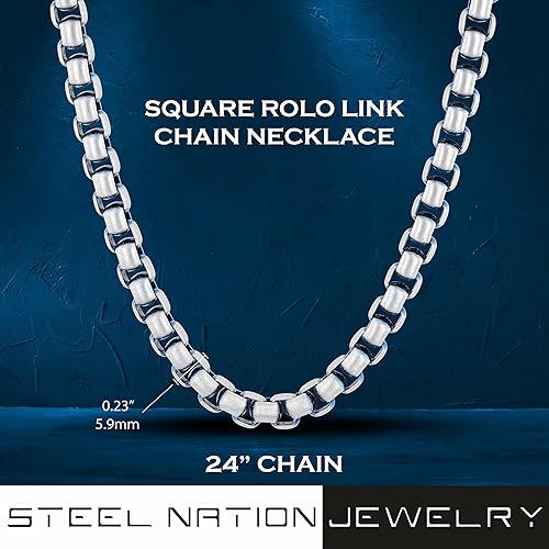 Miniatura 3 de Collar de cadena de eslabones Rolo cuadrados de acero inoxidable de 24 pulgadas con detalles de azul cobalto de 0.236 in, Metal, No es una piedra