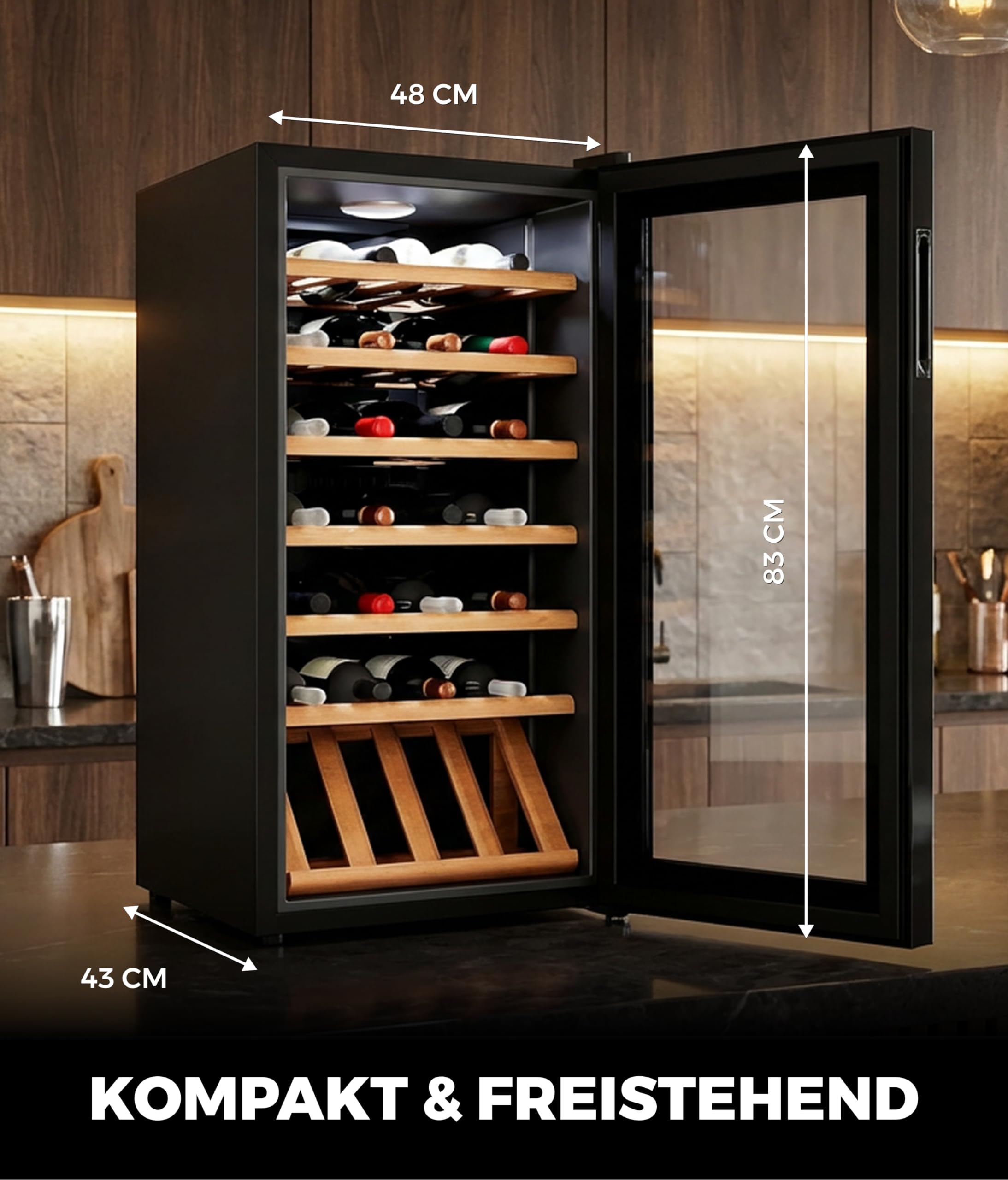 °CUBES Weinkühlschrank 28 Flaschen 90L Glastür Buchenholz 5-18°C vibrationsarm leise 40dB LED Display