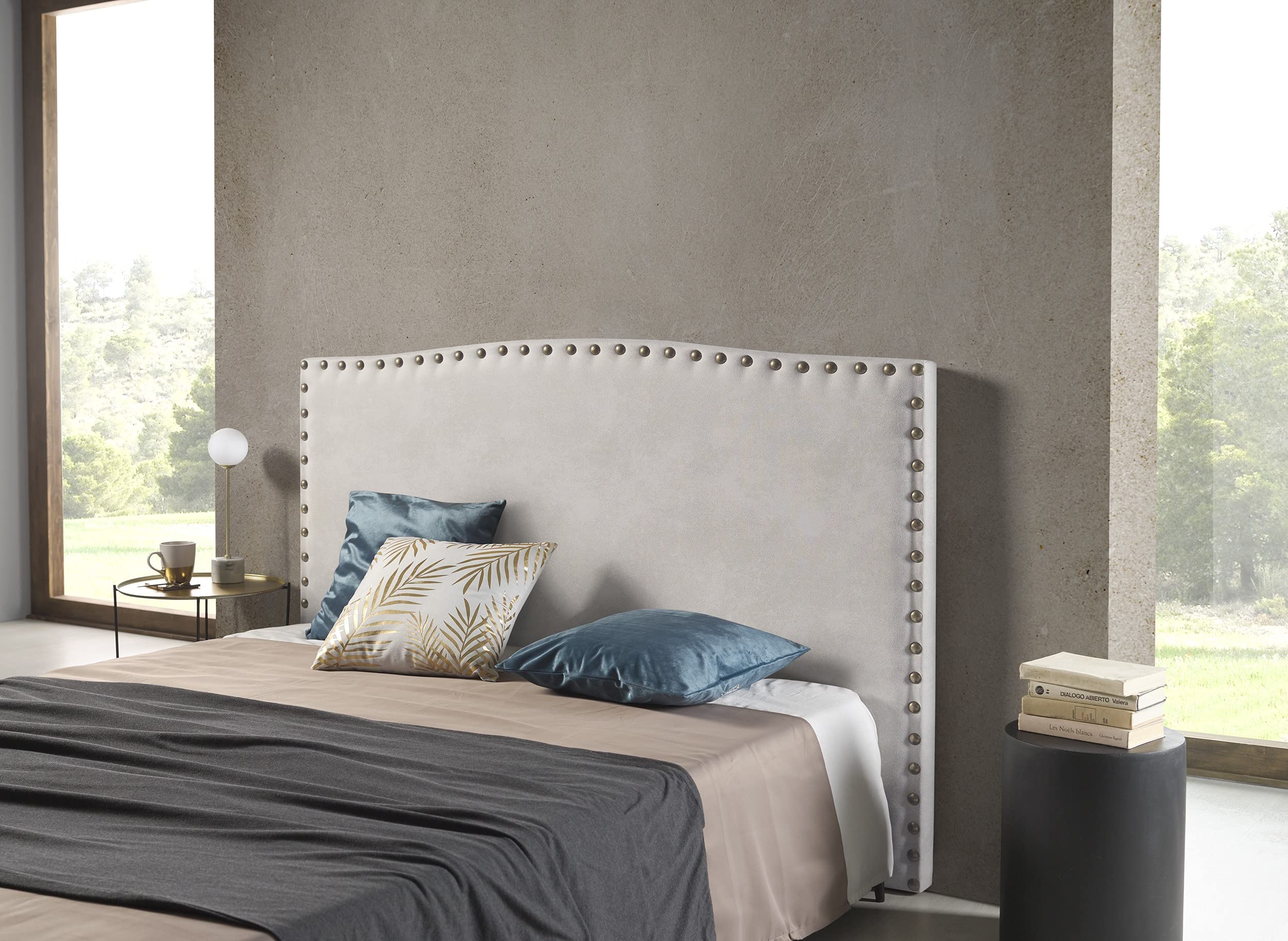 ECCOX - Cabecero de Cama Ambar en Tela Antimanchas Acualine - Cabezal Tapizado en Tela con Acolchado de Espuma y Refuerzo Trasero - Color Blanco Efecto Granito - Cama 150-150x110x6,5 cm