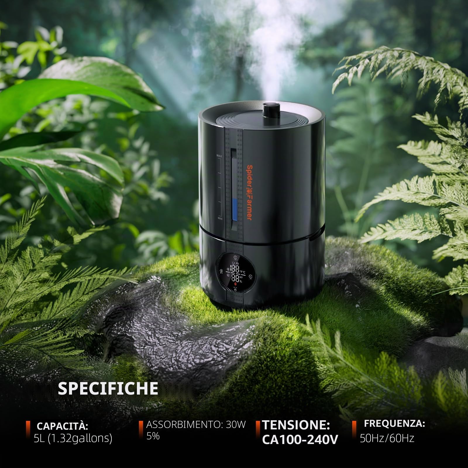 Spider Farmer Nuovo umidificatore da 450 ml/h per piante Tenda da coltivazione Camera da letto, GGS Smart Umidificatore a ultrasuoni con igrometro Nero Piccolo 5 L