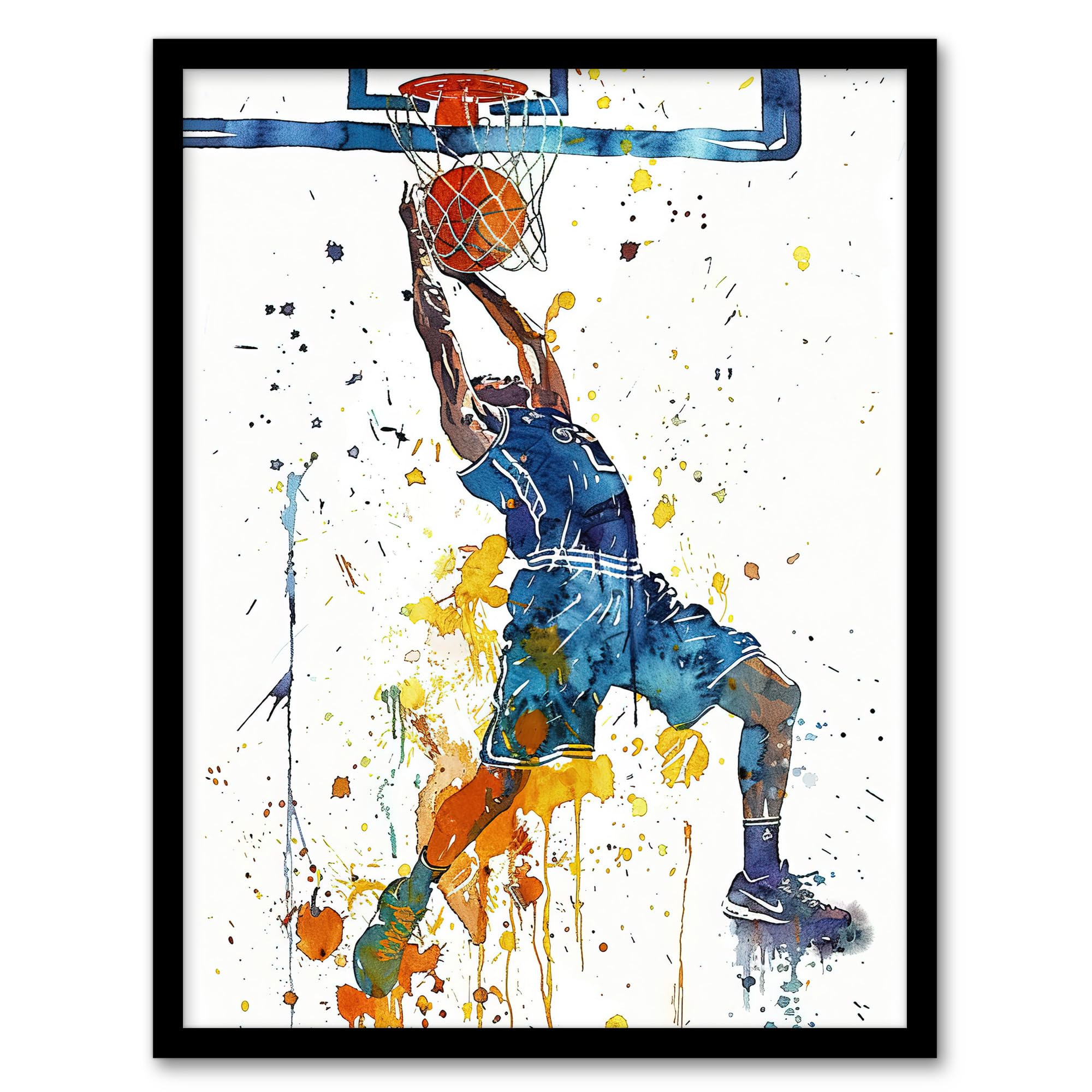 Basketball Player Slam Dunk Watercolour Framed Wall Art - W12 inch x H16 inch