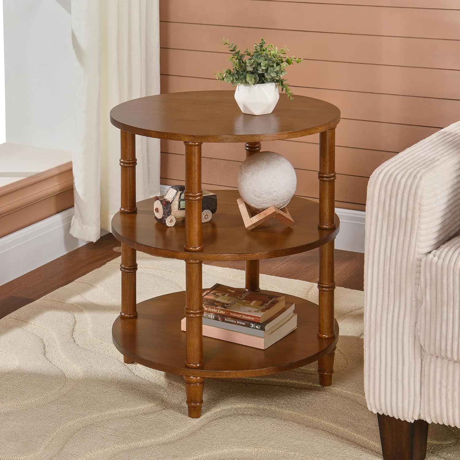 3-Tier Solid Wood Round End Table, Sofa Side Table with Open Storage Shelf Modern Oriental Nightstand Corner Table with Bamboo-Inspired Legs for Living Room Bedroom, Brown, 19.7" D x 23.6" H