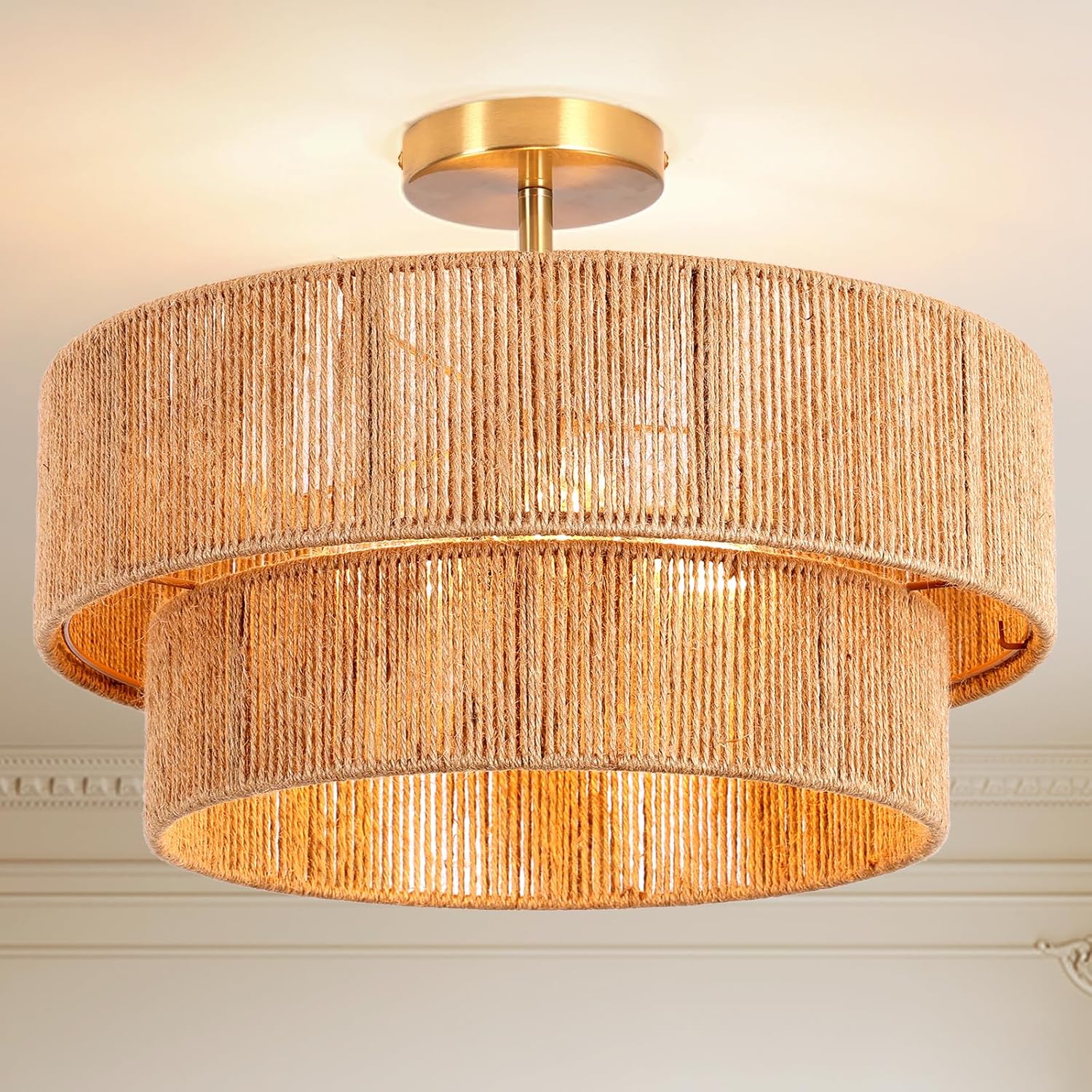 18''Boho RattanCeiling Light，Handwoven Semi Flush Mount Fixture for Bedroom,Living Room, Kitchen, Hallway, Dining Room