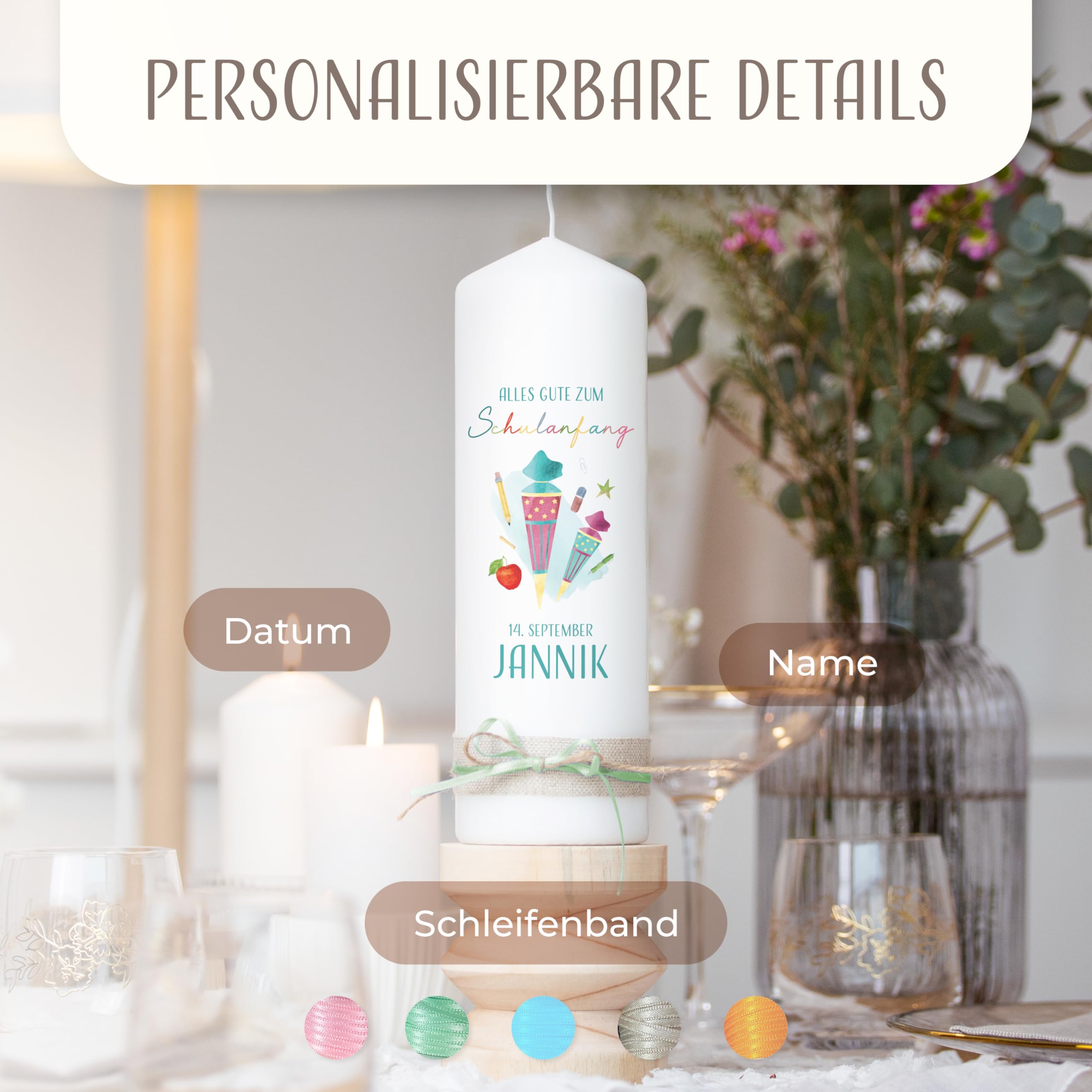 AMARI ® Schulanfangskerze personalisiert 25/8 cm - Individuelle Kerze mit Namen & Aufschrift zur Einschulung - Geschenk zum Schulstart