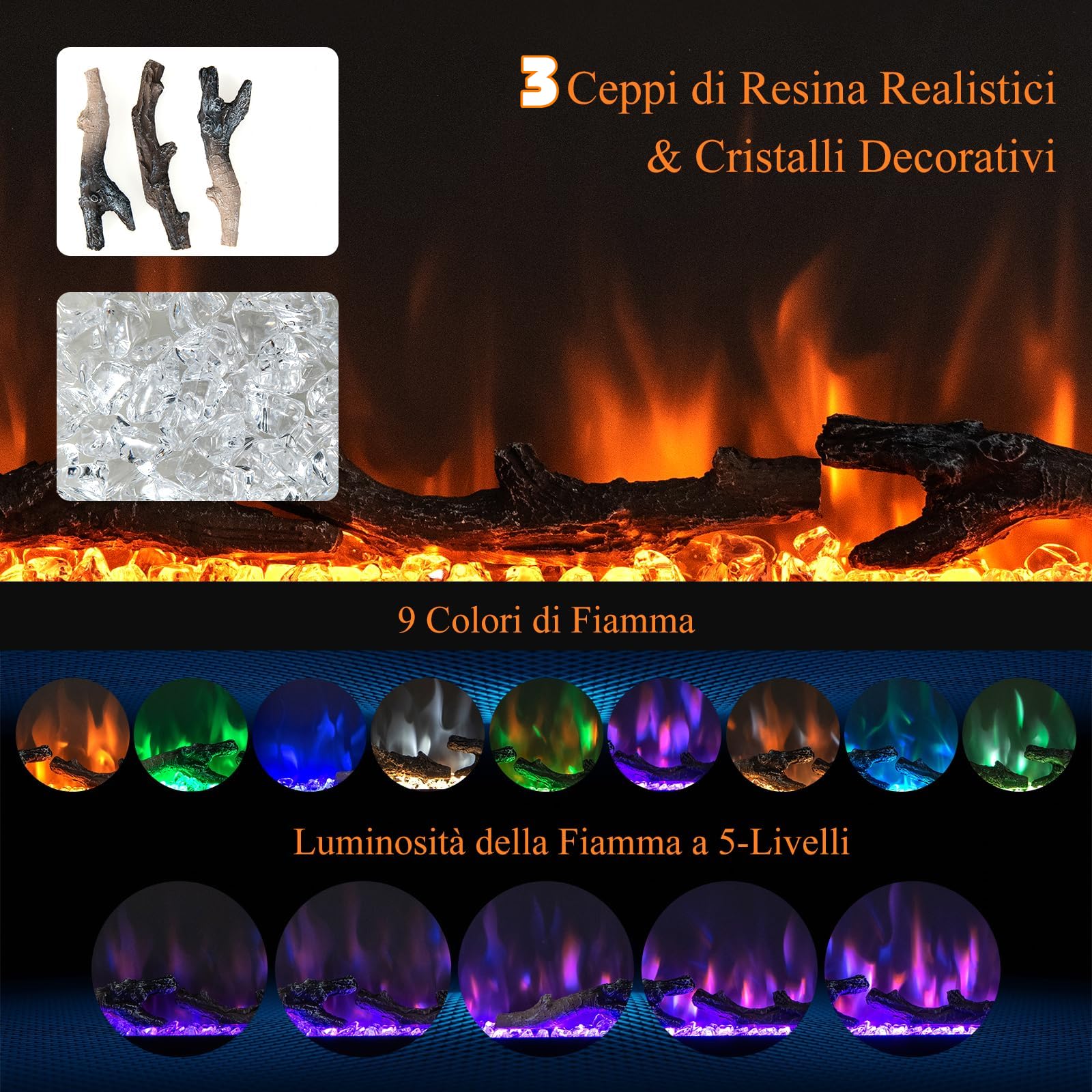GYMAX Camino Elettrico, Caminetto a Parete Incassato, 750W/1500W, con Telecomando, Timer, Decorazione di 3 Tronchi e Cristalli, 91,5 x 14 x 45 cm (91,5 x 14 x 45 cm)