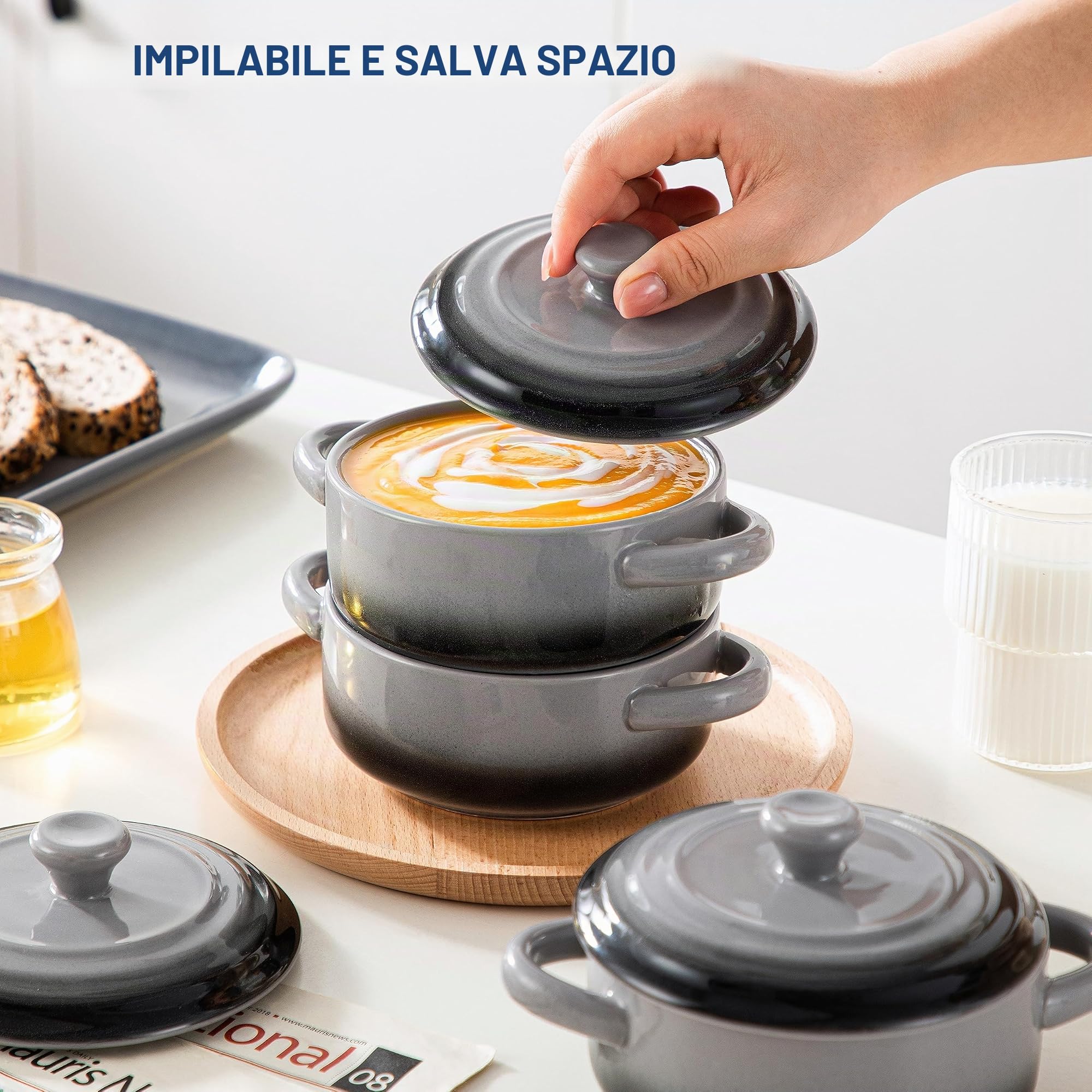 LOVECASA Mini Cocotte 420 ml Set 4 Casseruole da Forno in Gres con Coperchio 12 x 5,5 cm, Mini Casseruole Rotonde con 2 Manici, Stampi per Torte, Terrine da Forno Monoporzione, Grigio-Nero Graduale