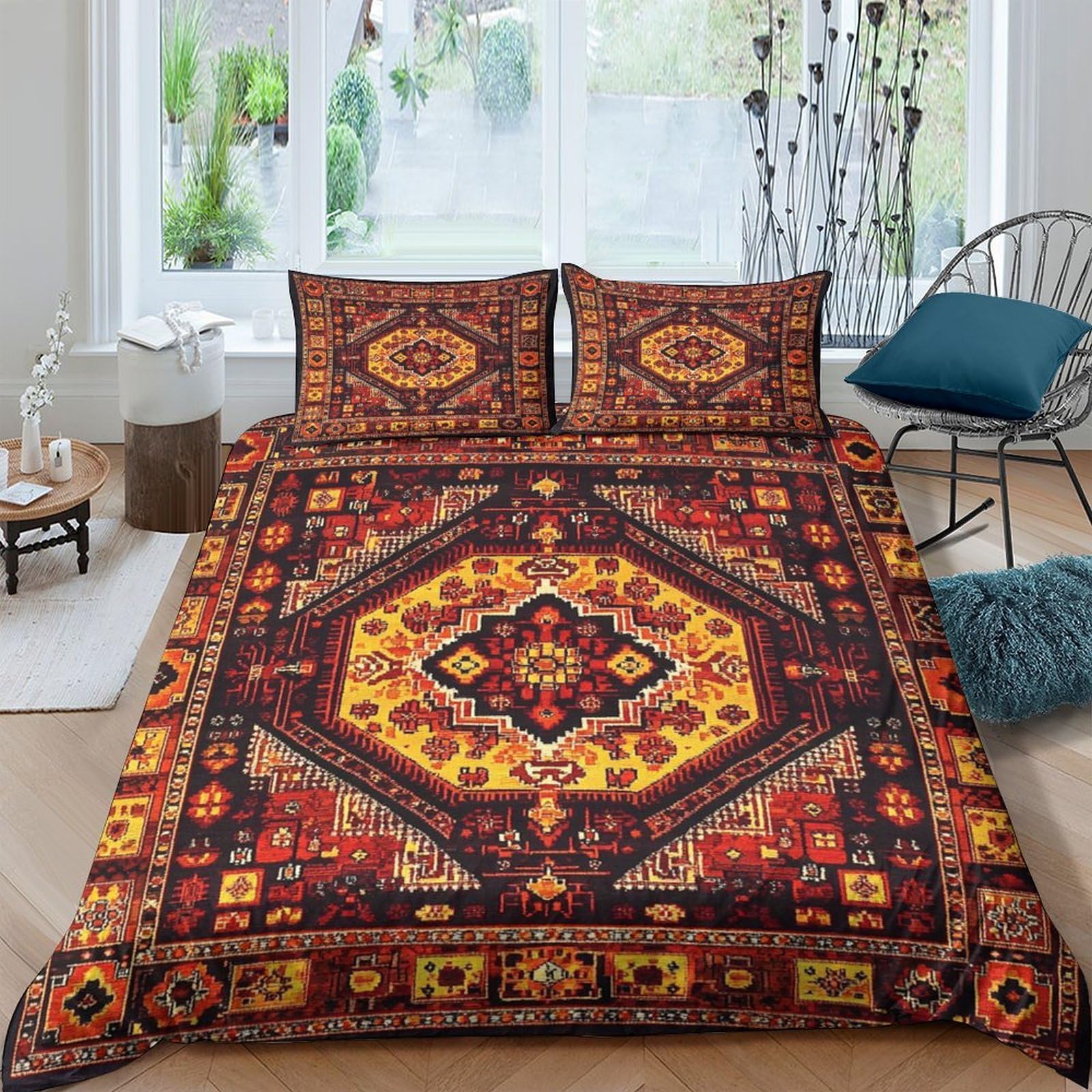 GPLZQXKJNH 3D Printed Persian Mosaic Duvet Cover Microfiber Soft Breathable Geometric Medallion Bedding Set with 2 Pillowcases for Bedroom Decor Single（135x200cm）