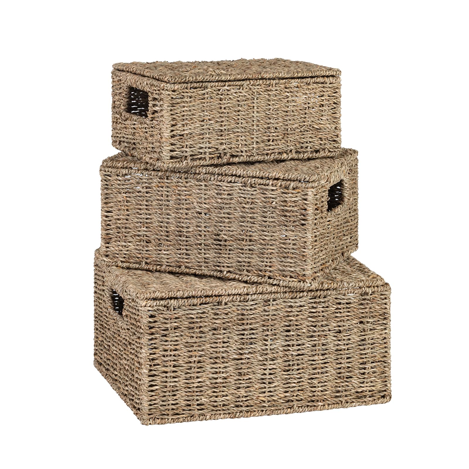 OEHID Wicker Storage Baskets with Lid, Hand-Woven Rectangular Wicker Basket with Lid for Bedroom & Living Room, Nesting Rattan Basket with Lid for Shelves (Seagrass, Set of 3）
