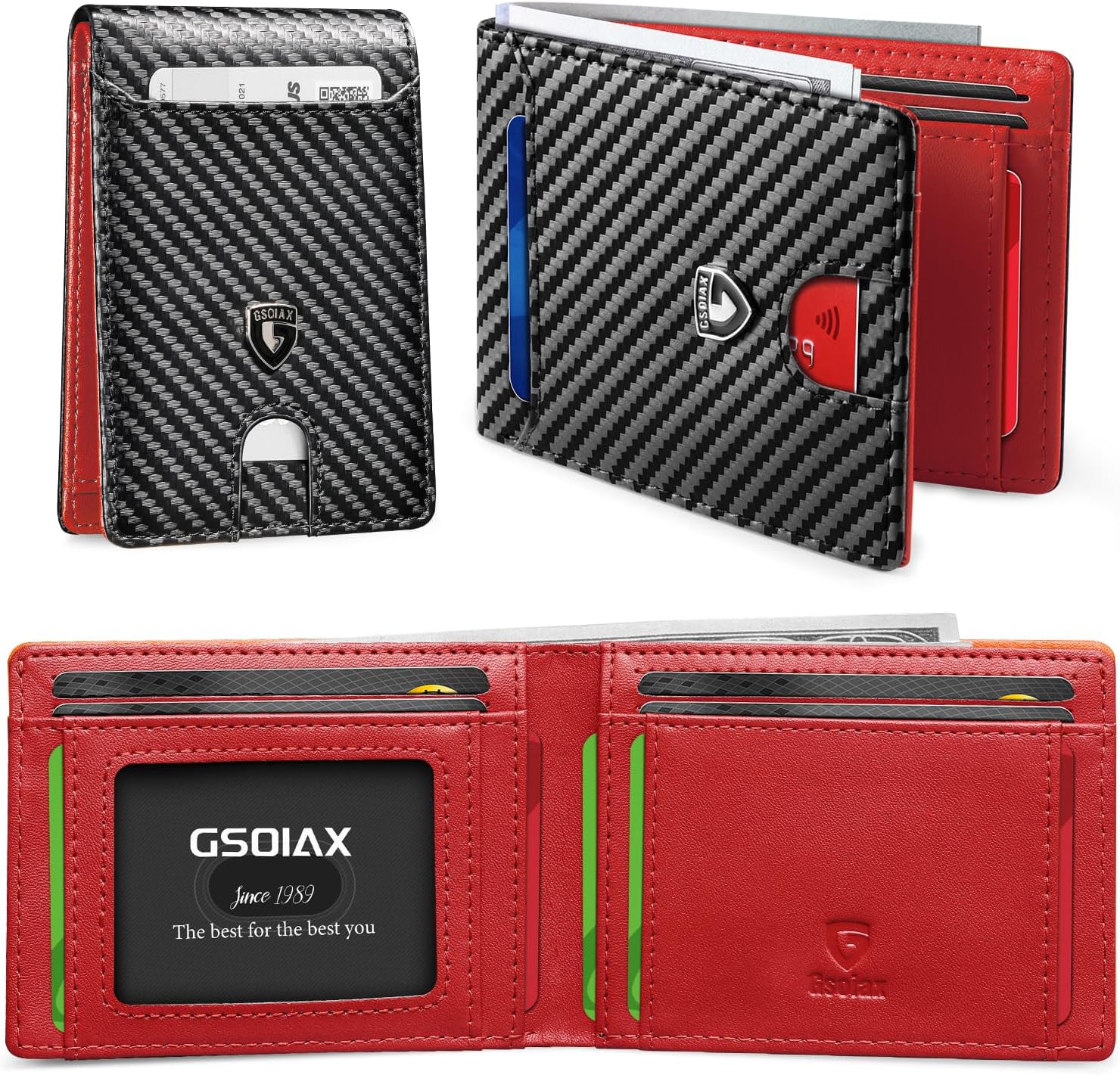 GSOIAX Slim Wallet for Men RFID Blocking Bifold Wallet Carbon Fiber Front Pocket Wallet with 11 Card Holder Minimalist Mens Wallet with Gift Box(Carbon Black and Red)