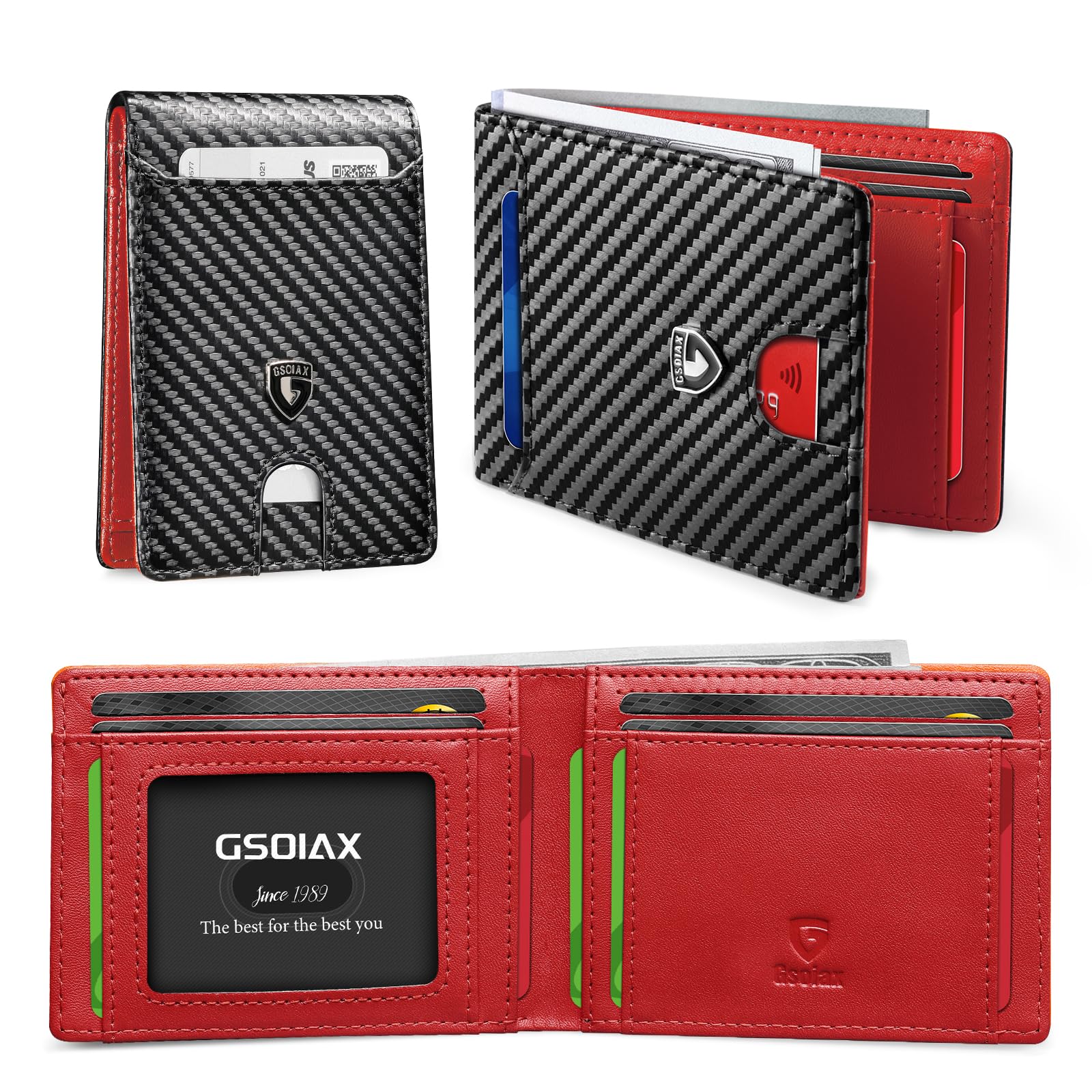 GSOIAX Slim Wallet for Men RFID Blocking Bifold Wallet Carbon Fiber Front Pocket Wallet with 11 Card Holder Minimalist Mens Wallet with Gift Box(Carbon Black and Red)