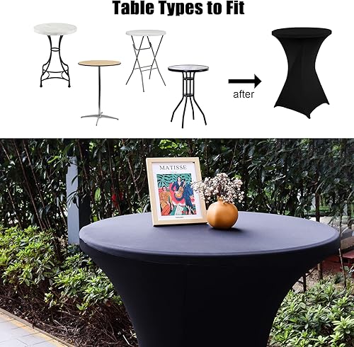 Miniatura 4 de SUNTQ Fundas para mesa de cóctel de 32 x 43 pulgadas, mantel de cóctel ajustable de elastano negro, mantel redondo elástico para fiestas,