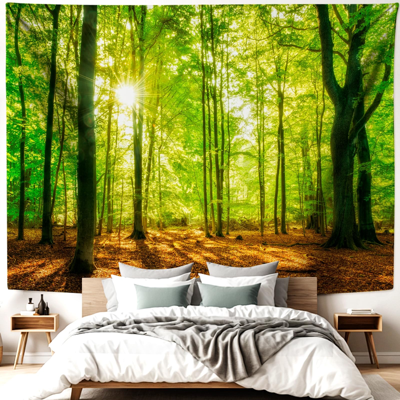 Lirzxin Tenture Murale XXL, Tapisserie Murale Jaune Vert Marron Arbre Nature Paysage Forêt Ensoleillé Tapisseries Décoration pour Chambre Salon Dortoir, 350x256 CM