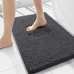 Smiry Luxury Chenille Bathroom Rugs 44x24, Extra Soft and Absorbent Shaggy Bath Mat, Machine Washable, Non-Slip Plush Carpet Runner for Tub, Shower, and Floor, Home Decor Accessories, Charcoal Grey
