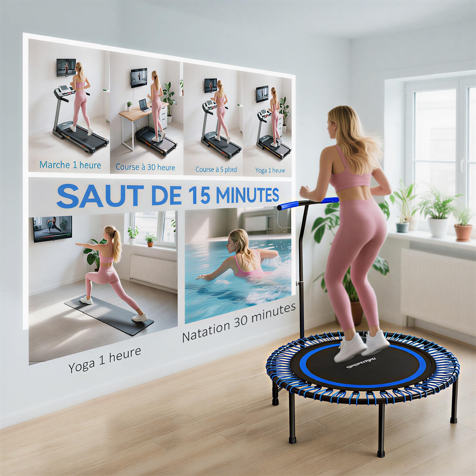 SPORTNOW Trampoline de Fitness 114 cm avec poignée réglable 5 Positions, Cordes élastiques, Trampoline Adulte Stable et Silencieux pour entraînement intérieur, Charge 200 kg, Bleu