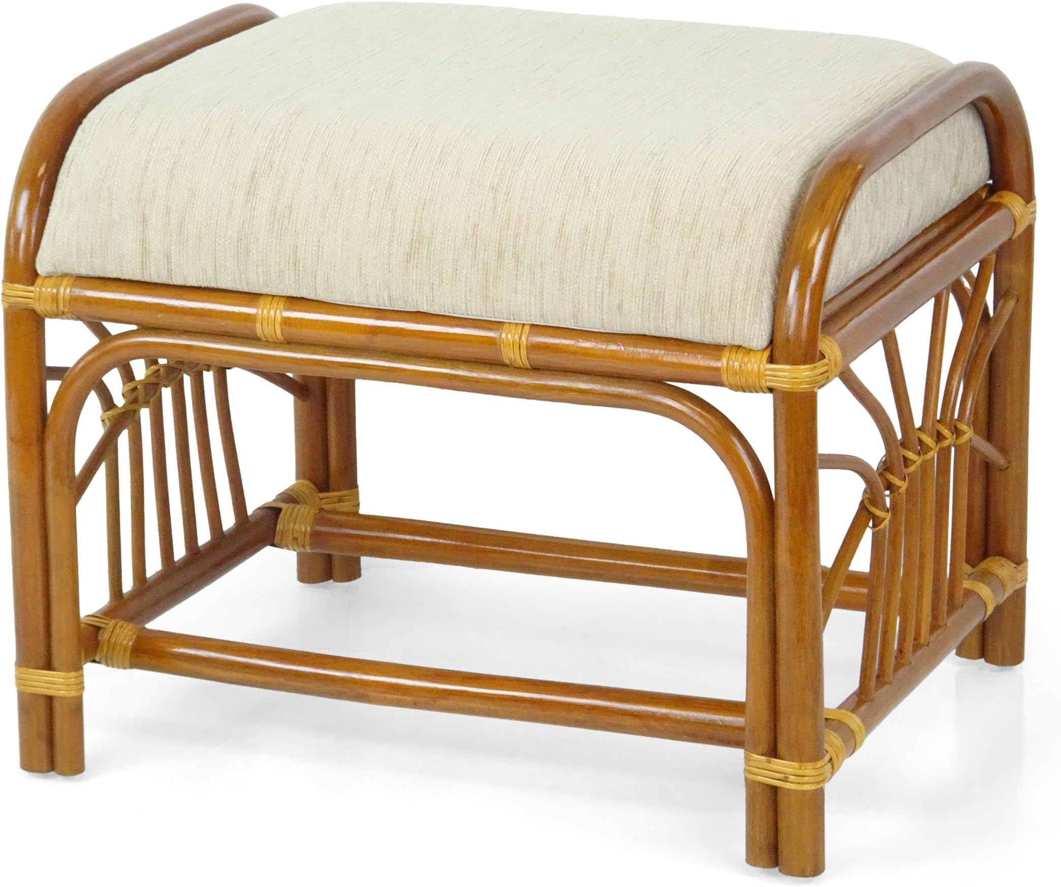 Handmade Ottoman Footstool ECO Natural Rattan Wicker with Cream Cushion, Cognac Y