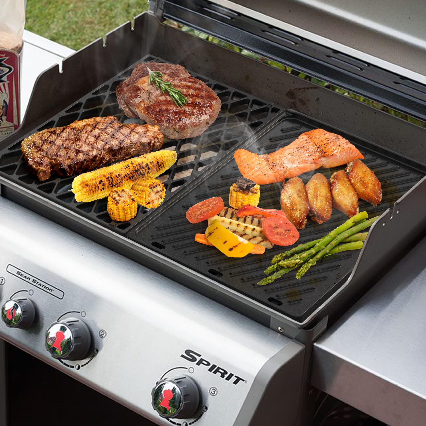 Onlyfire Set de Plancha Reversible y Parrilla de Cocción de Hierro Fundido para Parrillas de Gas Weber Spirit I y II Serie 300, Spirit Serie 400, Spirit E/S 310, 320, 330, Spirit 700