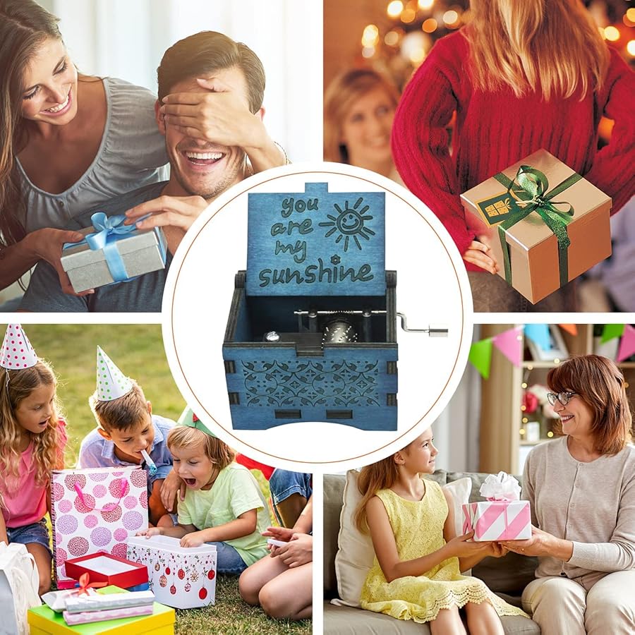 UNIQLED You are My Sunshine Wooden Music Boxes Laser Engraved Hand Crank Classical Wood Sunshine Musical Box Gifts for Birthday Christmas Valentine's Day (Blue Sunshine) - image 5