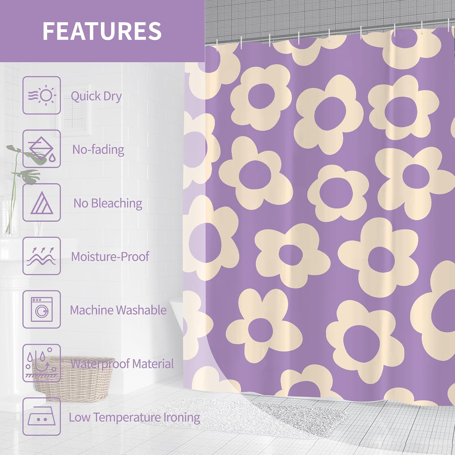 Purple Cute Retro Floral Abstract 70s Aesthetic 72W*72H Inch Shower Curtain image 5