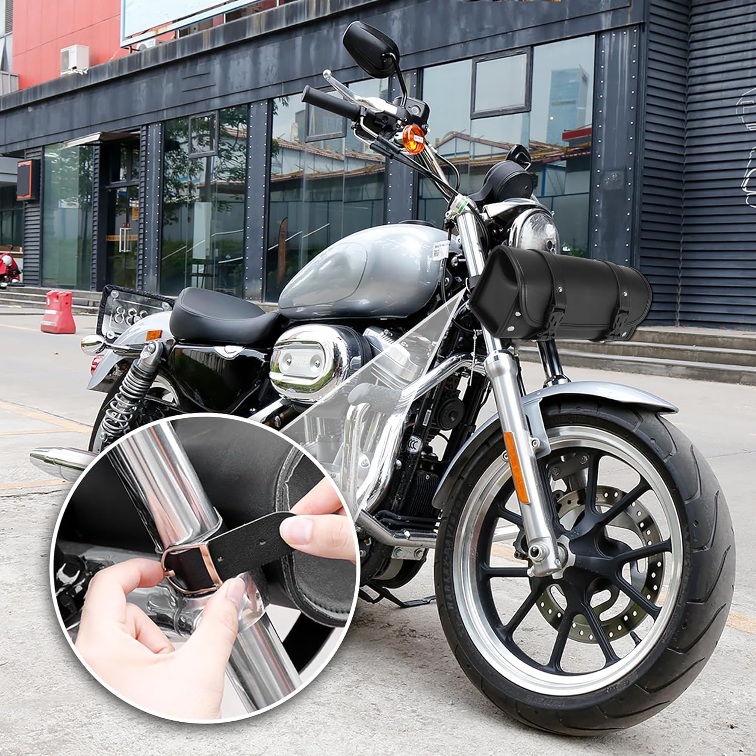 Uniwersalna torba na siodełko motocyklowe, skóra PU, przedni widelec na kierownicę motocykla, z 2 paskami, do większości motocykli, odporna na działanie wody i ciepła