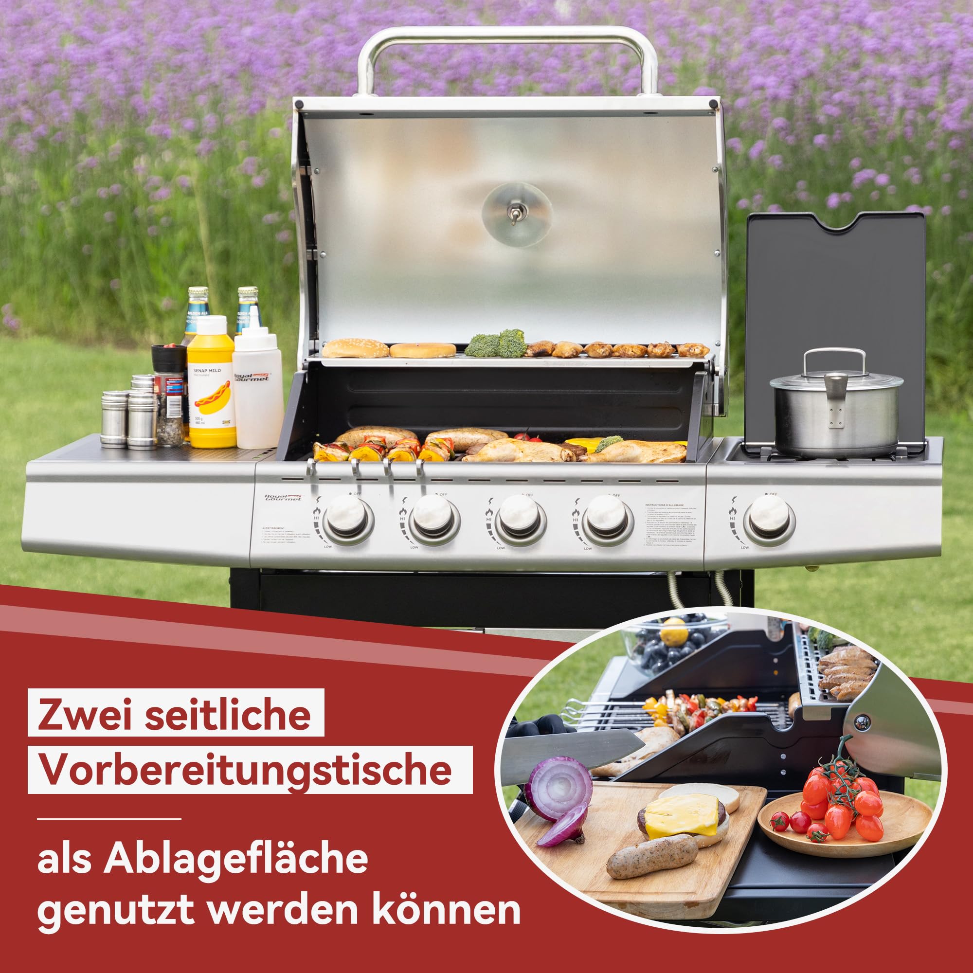 Royal Gourmet 4+1 Brenner Gasgrill Grillwagen mit automatischer Zündung,integriertem Thermometer und Unterschrank Edelstahl Brenner mit 14,5 kW Camping Gasgrill für Outdoor Barbecue Silber