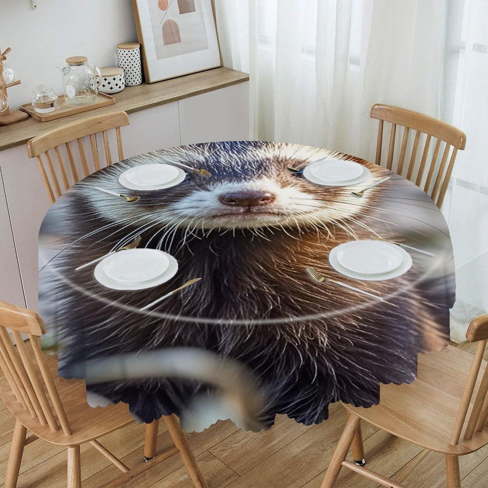 FekiLoot 60 Inch Round Hairy Ferret Tablecloth Waterproof Heavy Duty Polyester Table Cloth Spill-Proof Wipeable Table Cover Decorative Circle Dining Tablecover for Party Outdoor