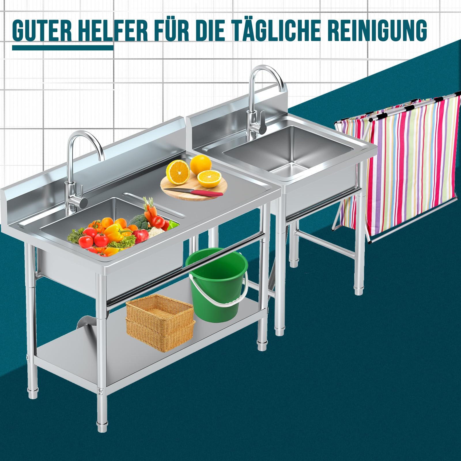 RiveraSink Fregadero Inox Independiente 100×55×80 cm con Encimera, Grifo Giratorio 360°, Cesta Filtro y Cubeta Grande – Altura Ajustable, Fácil de Limpiar – para Cocina, Hostelería y Jardín