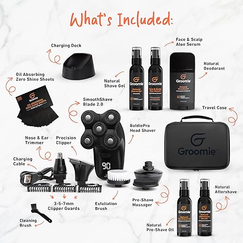 Miniatura 3 de Groomie BaldiePro - Afeitadora eléctrica de cabeza para hombres calvos, incluye funda de viaje, base de carga y kit de accesorios, desodorante,
