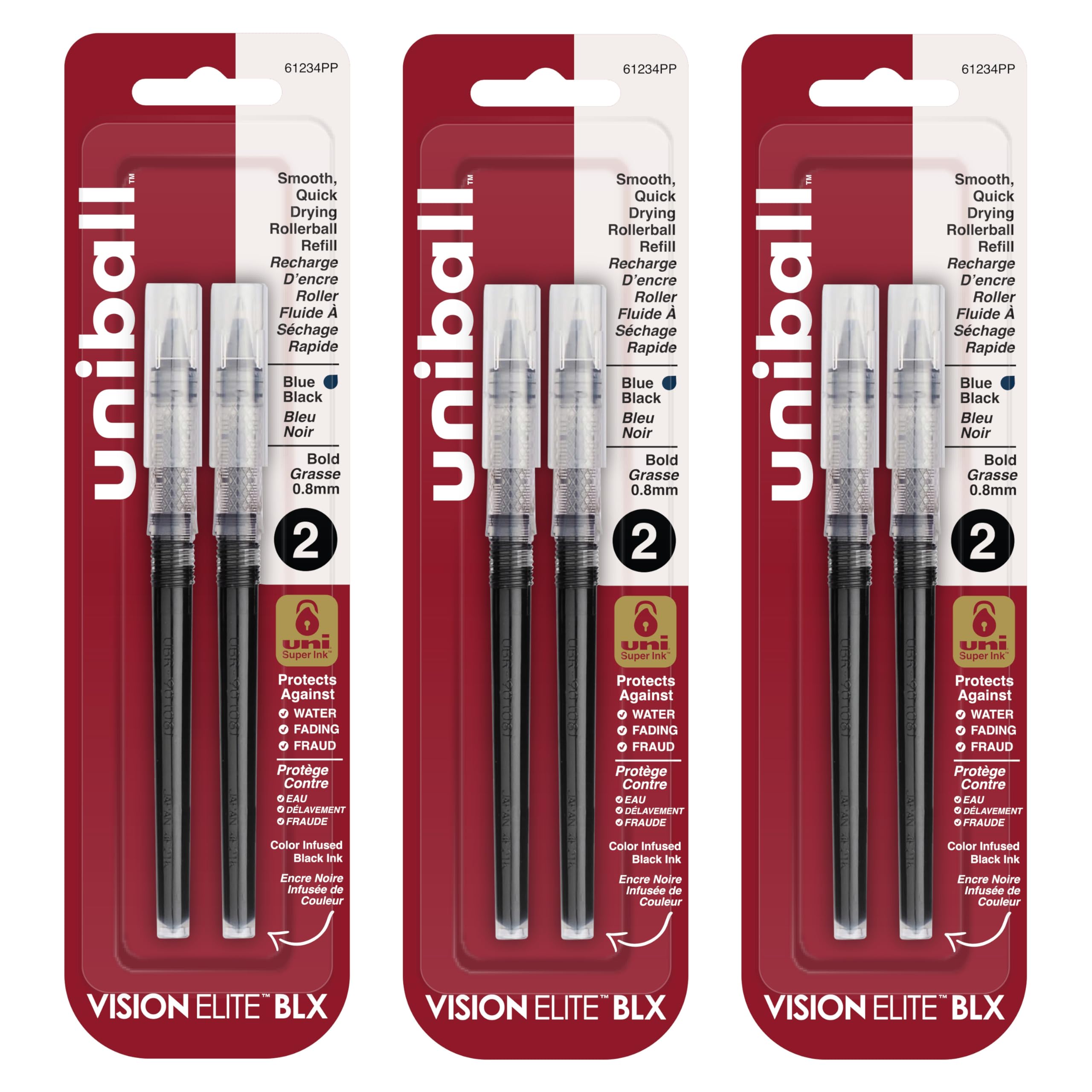Uniball Vision Elite Rollerball Pen Refill, 0.8mm Bold Point, Blue Black Ink, 6 Refills