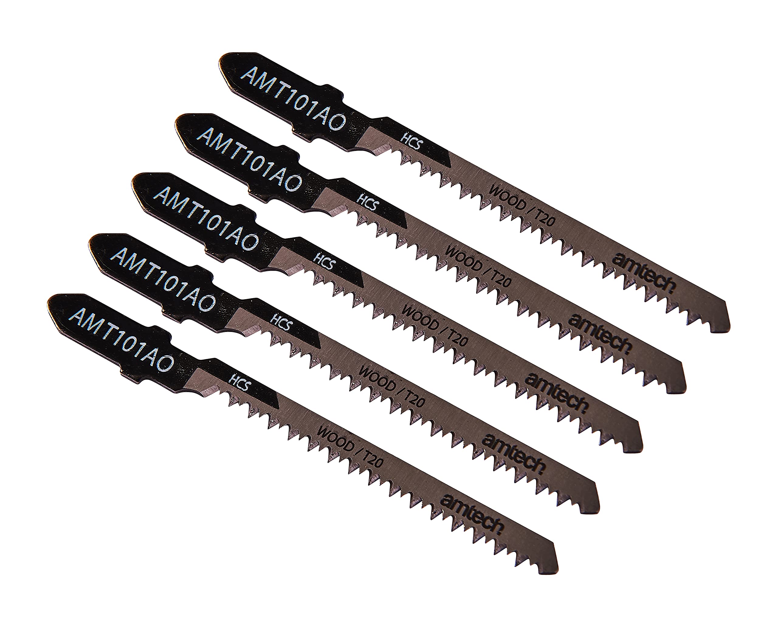 Amtech 5pc Wood Jigsaw Blade Set (AMT101AO), HCS T-Shank, 76 mm, 20 TPI for Fine, Curved Cuts in Softwood, Plywood and Laminates