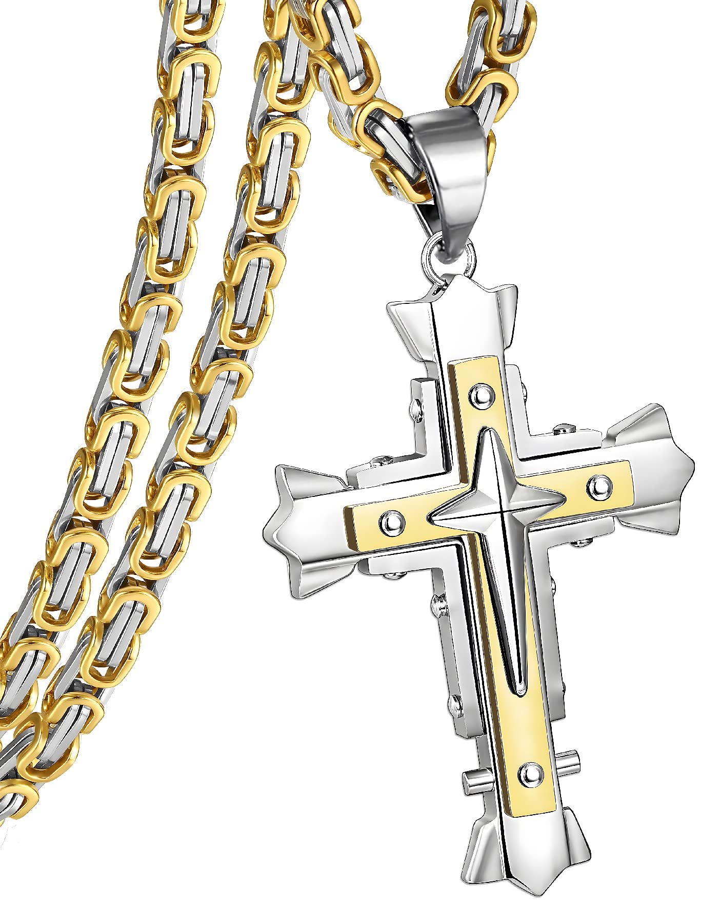 JUNOVUROS Stainless Steel Jesus Christ Cross Pendant Necklace for Men, 20 to 28 In Rolo/Byzantine Chain, 2 Sizes of Religious Jewelry with Silver/Gold