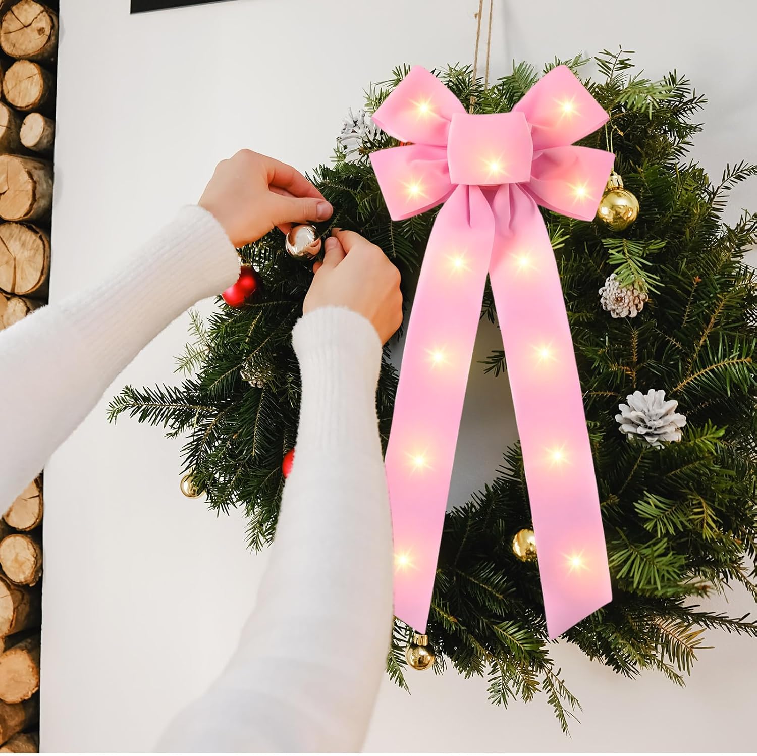 Crowye 12個 LED クリスマス リボン ライト クリスマス リボン 装飾 ベルベット リース リボン LED ライト リボ