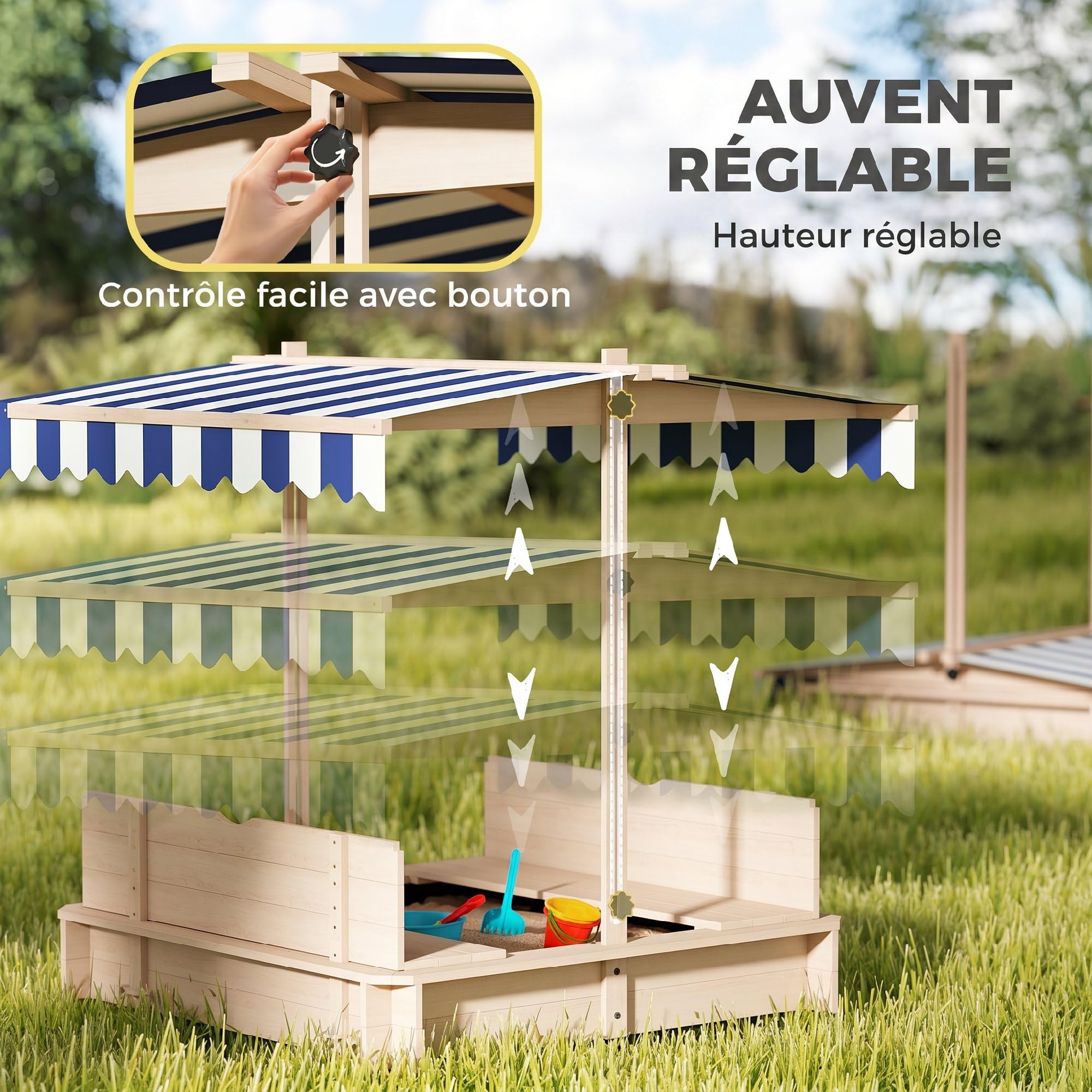 Outsunny Bac à Sable carré en Bois pour Enfants dim. 106L x 106l cm avec bancs et Couvercle - auvent réglable