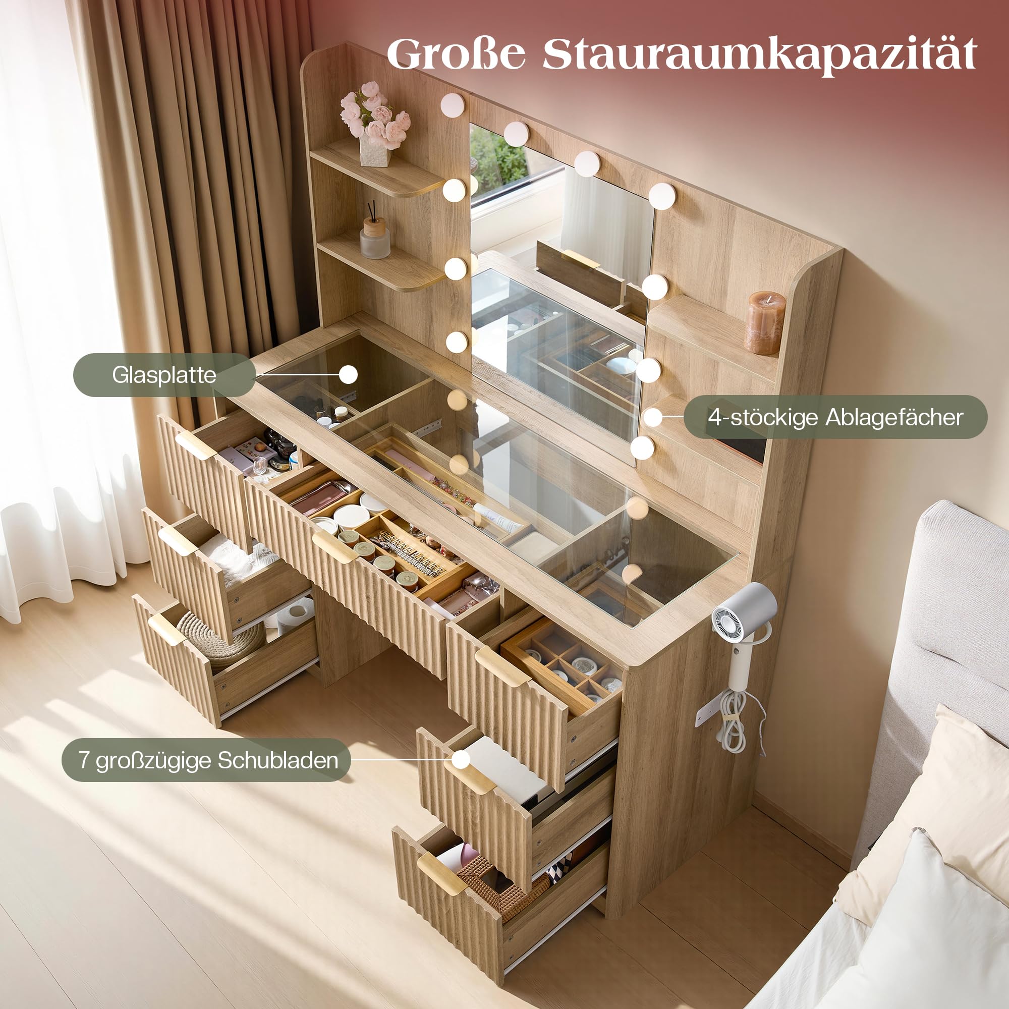 LUXOAK Schminktisch mit Spiegel & 10 LED-Lampen, Großer Frisiertisch mit Glasplatte & Steckdose, 7 Schubladen & Föhnhalterung, Moderner Kosmetiktisch für Schlafzimmer, Eiche