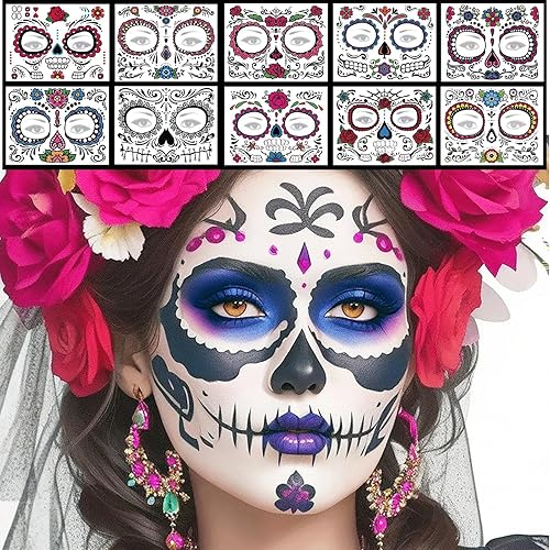 Tatuajes faciales del Día de los Muertos, paquete de 10 tatuajes faciales temporales de Halloween, tatuaje facial de calavera de azúcar para adultos