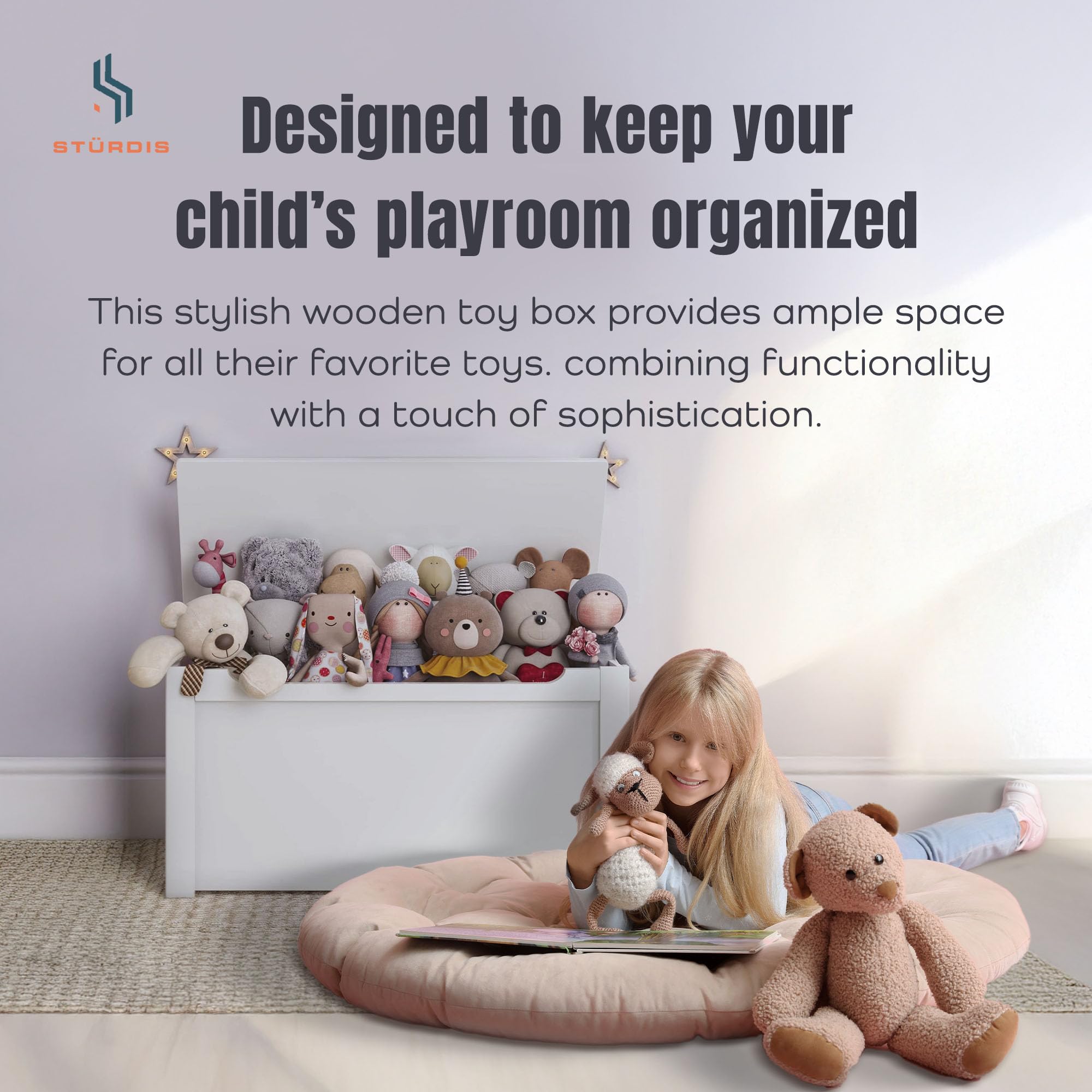 Sturdis Wooden Toy Box, Spacious Storage and Organization Bin, Toy Storage Organizer for Living Room Area, Playroom, Kids Bedroom, or Basement, White